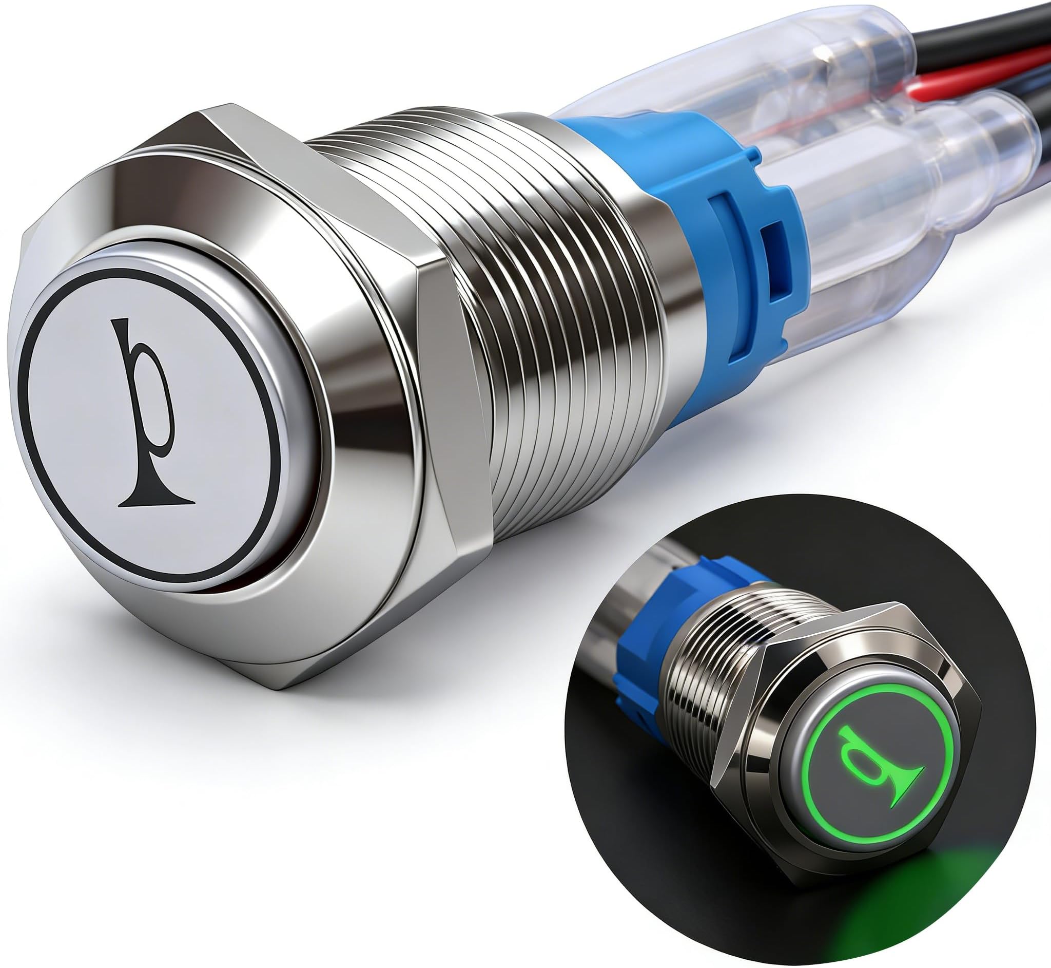 Twidec/16MM Raised Speaker Horn Momentary Push Button Switch 5/8" Mounting Hole 12V Green Led Light Silver Stainless Steel Shell 1NO 1NC SPDT with Pre-Wiring Wires Switch for Car Modification G16LB-G