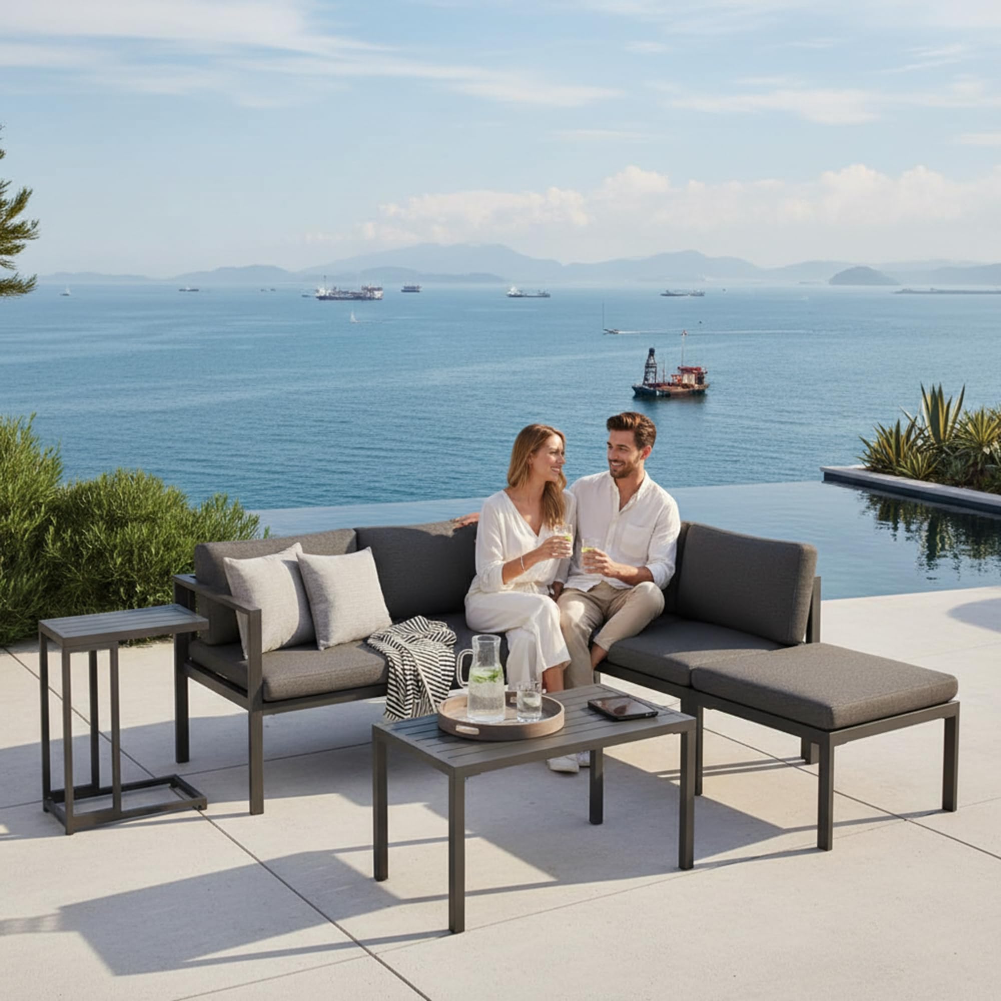 Mucola Gartenmöbel Set Ecklounge Aluminium mit Hocker und Tisch Anthrazit | Sitzgruppe modular kombinierbar, rostfrei, UV-beständig, extra dicke wasserabweisende Bezüge, waschbar, Outdoor, für Balkon