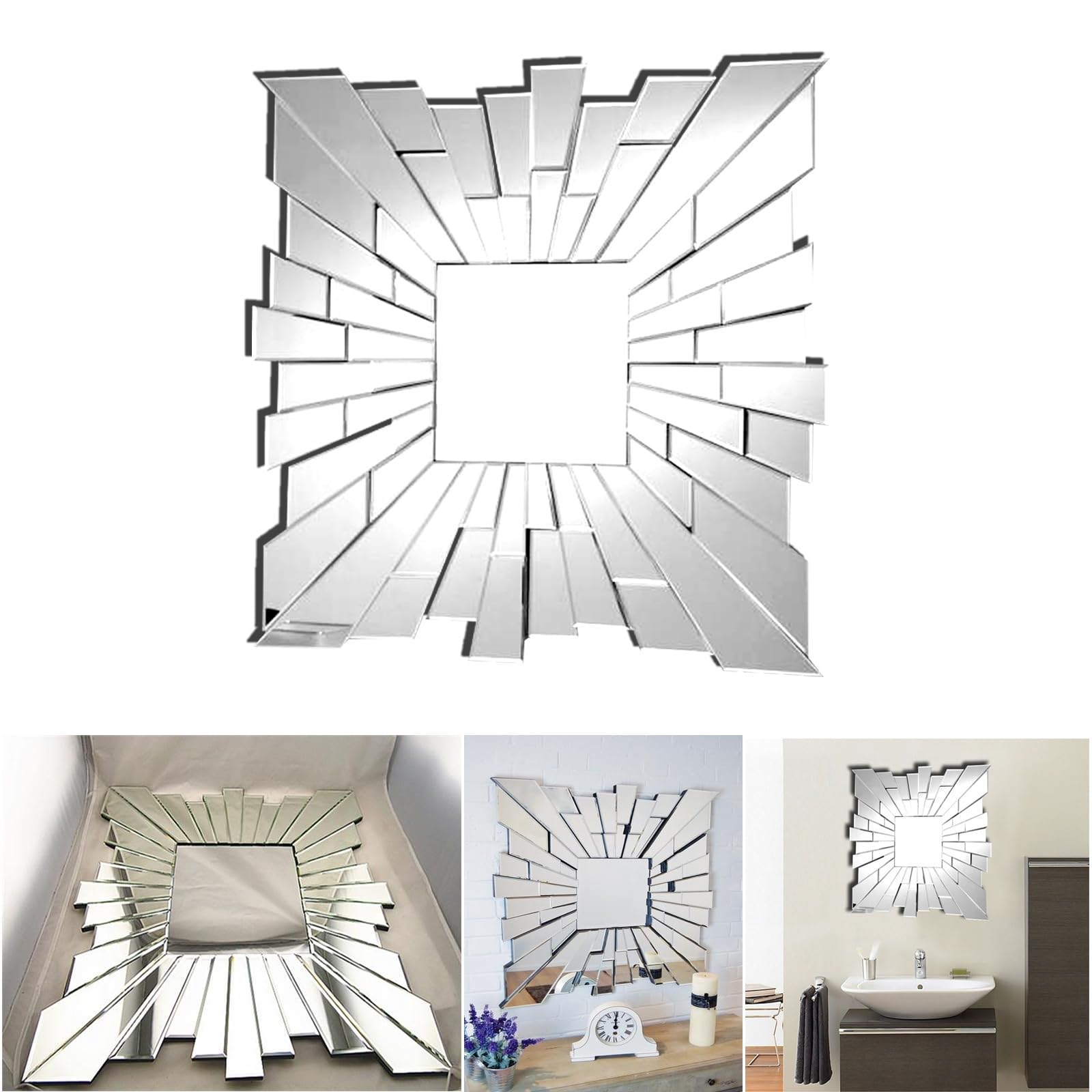 Ara Choice 60X60cm Large Modern Sunburst Square Glass Wall Mirror Decorative Art Hanging Living Lounge Bathroom Elegant Artistic Look Venetian Beveled Edges Hall Mirror Mount For Home