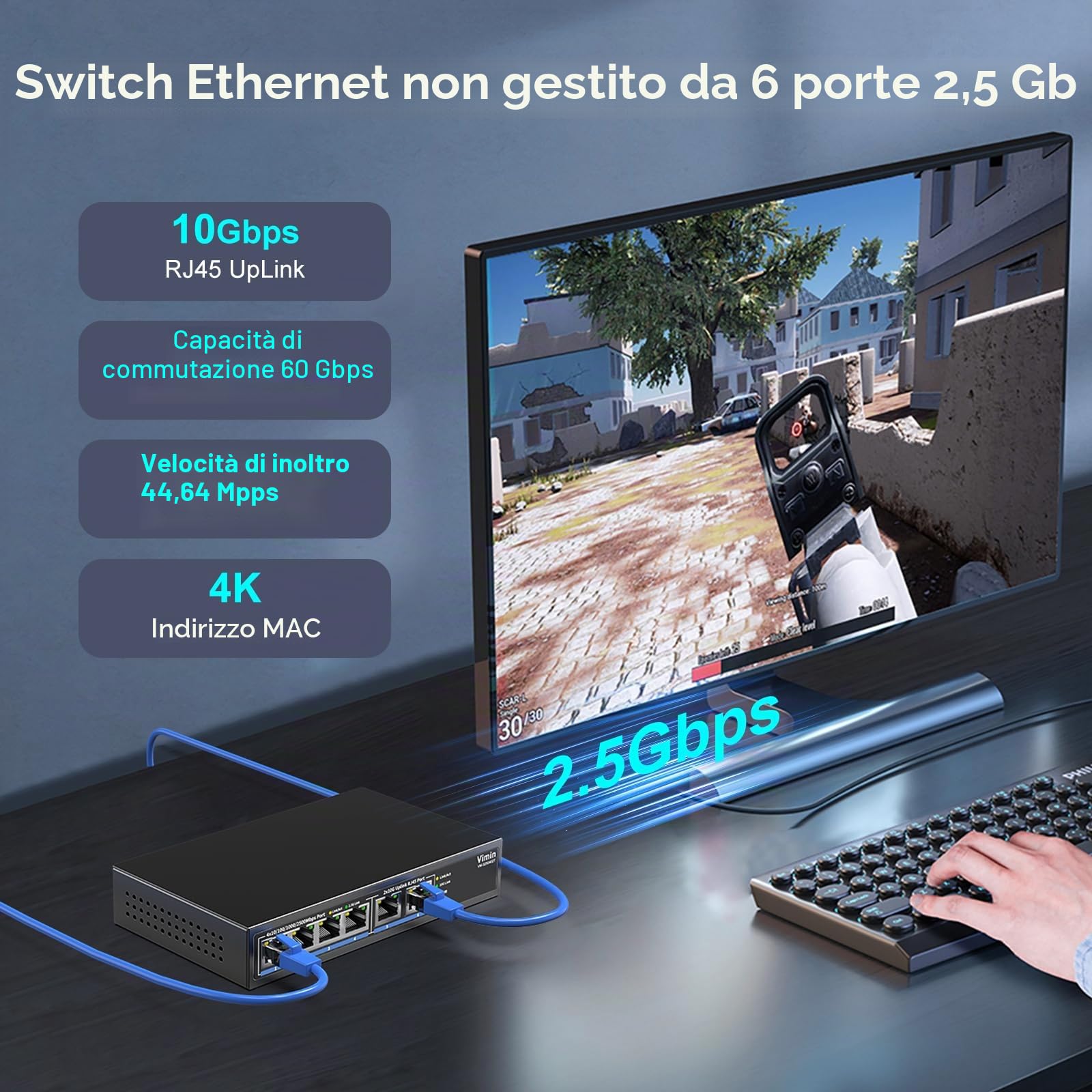 Switch Ethernet non gestito da 10 Gb con 4 porte Base-T da 2,5 G, 2 porte RJ45, switch di rete Base-T da 2,5 Gb, capacità di 60 Gbps, switch multiGigabit per desktop/montaggio a parete per NAS, PC