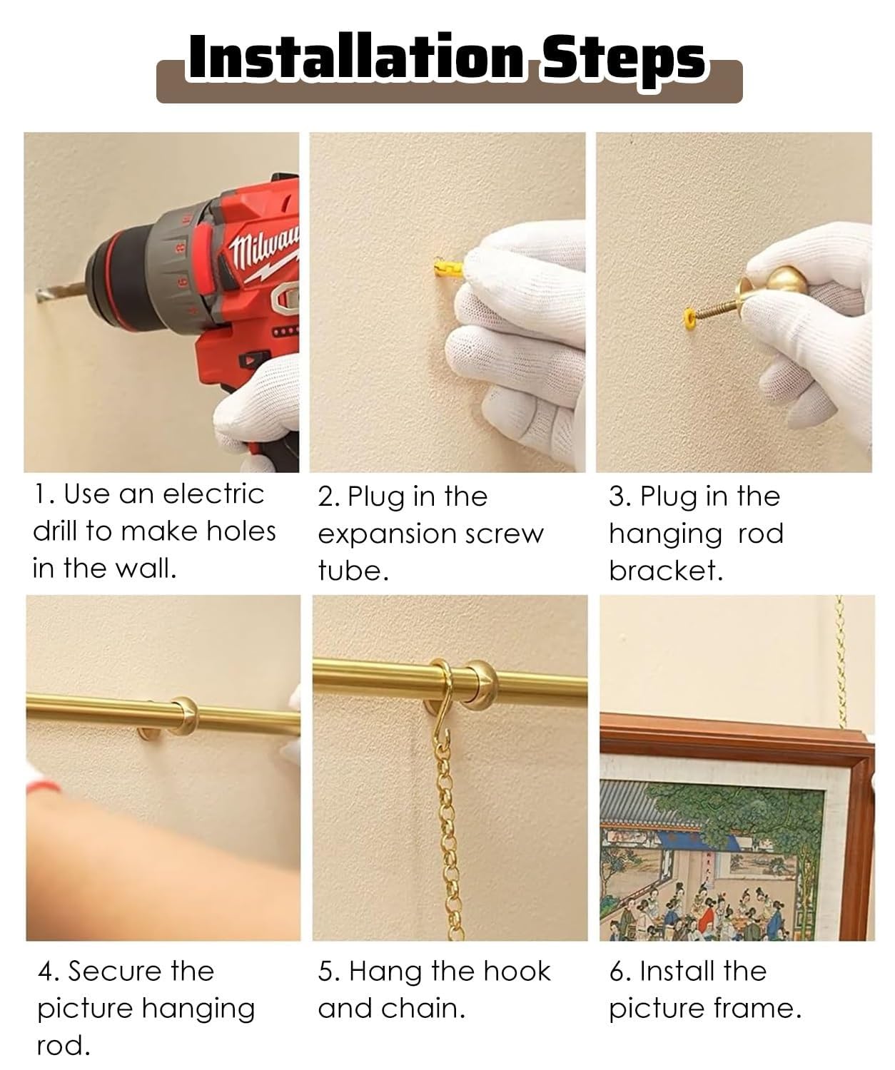 Sistema para colgar cuadros con cadenas y riel para exhibición de pared de galería y decoración artística de interiores