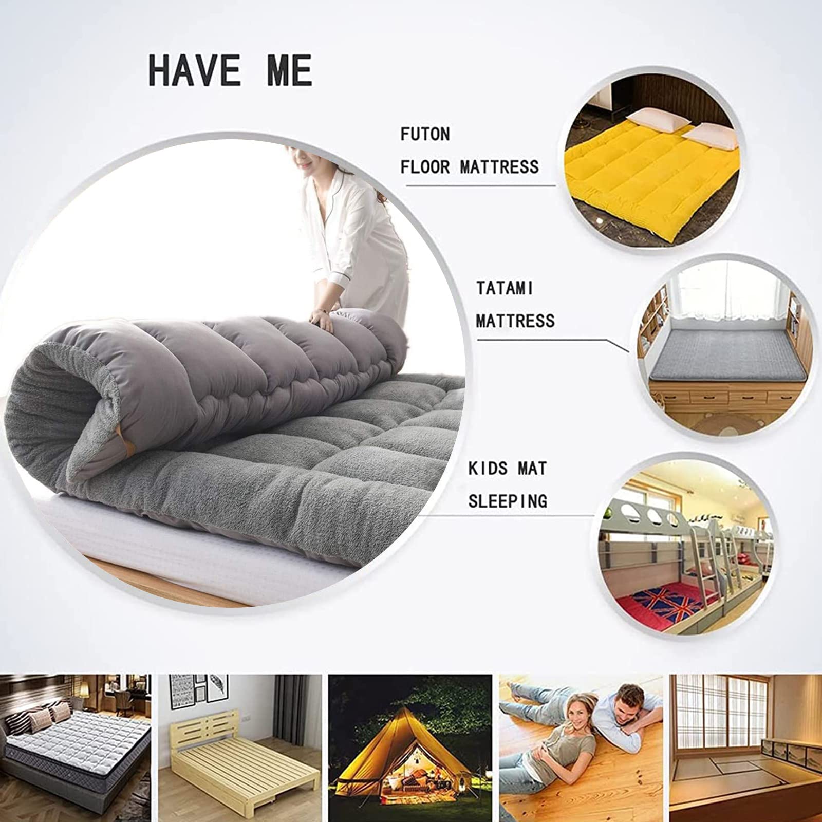 Tragbare Samt-Futon-Matratze, aufrollbar, für Schlafsaal, Gästebett, Camping, Doppelbett, Grau (180 x 200 cm)