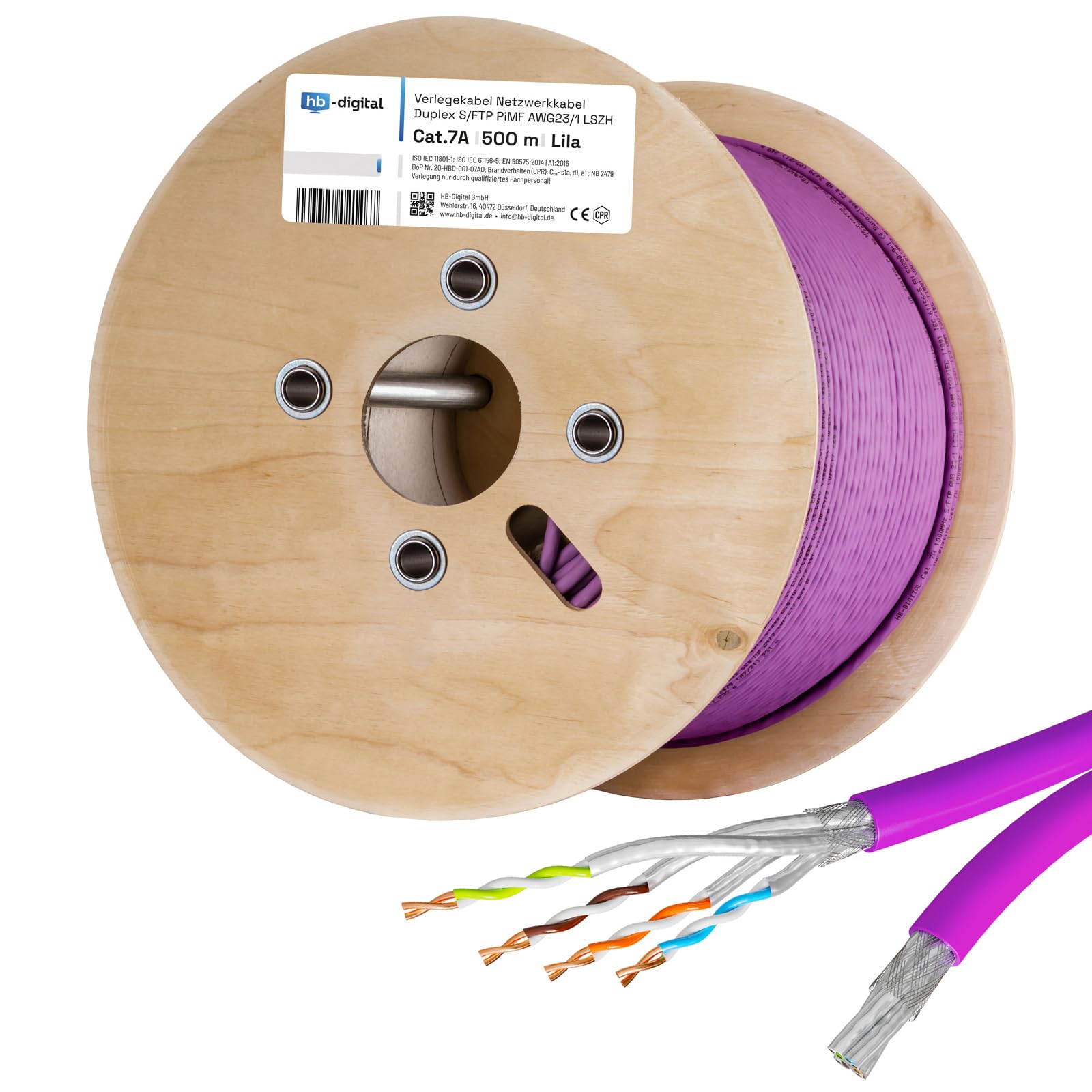 HB-DIGITAL 500m câble réseau LAN duplex câble de pose Cabel cat.7a max. 1200MHz cuivre pur S/FTP PIMF LSZH sans halogène RoHS-Compliant AWG23 (2 brins connectés) violet