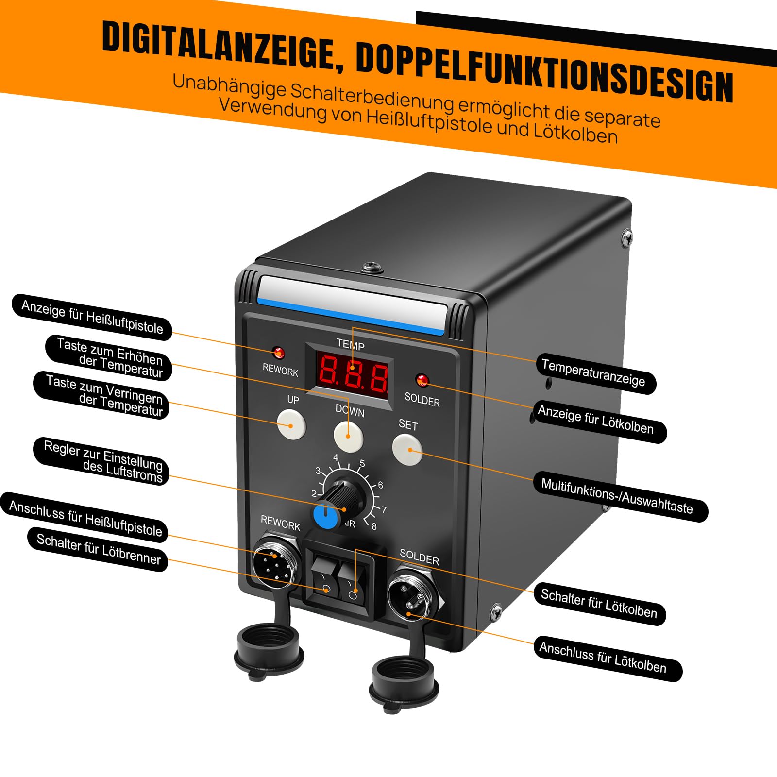 Stazione di saldatura ad aria calda 2 in 1 con display digitale da 700 W – Temperatura regolabile 100 – 500 °C per riparazione elettronica, circuiti stampati e SMD