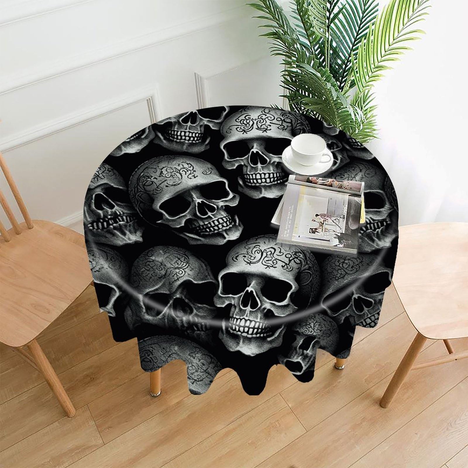 LZQPOEAS Black Skull Tablecloth Easy to Clean Polyester Round Table Cover Washable Round Table Cloth Wrinkle-Free Circle Decoration Tablecloth for Kitchen and Dining Room 60"