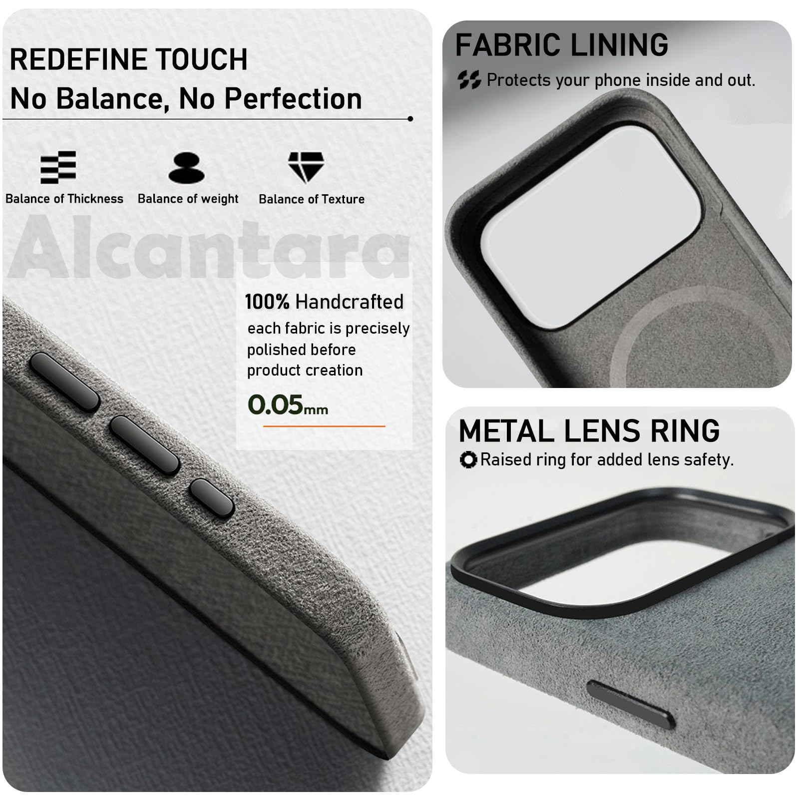 Funda de Alcantara para iPhone 17 Pro Max/17 Pro, Hecha a Mano en Italia, Ultrafina, Suave y de Lujo, Compatible con Magsafe.-Grey||17 Pro