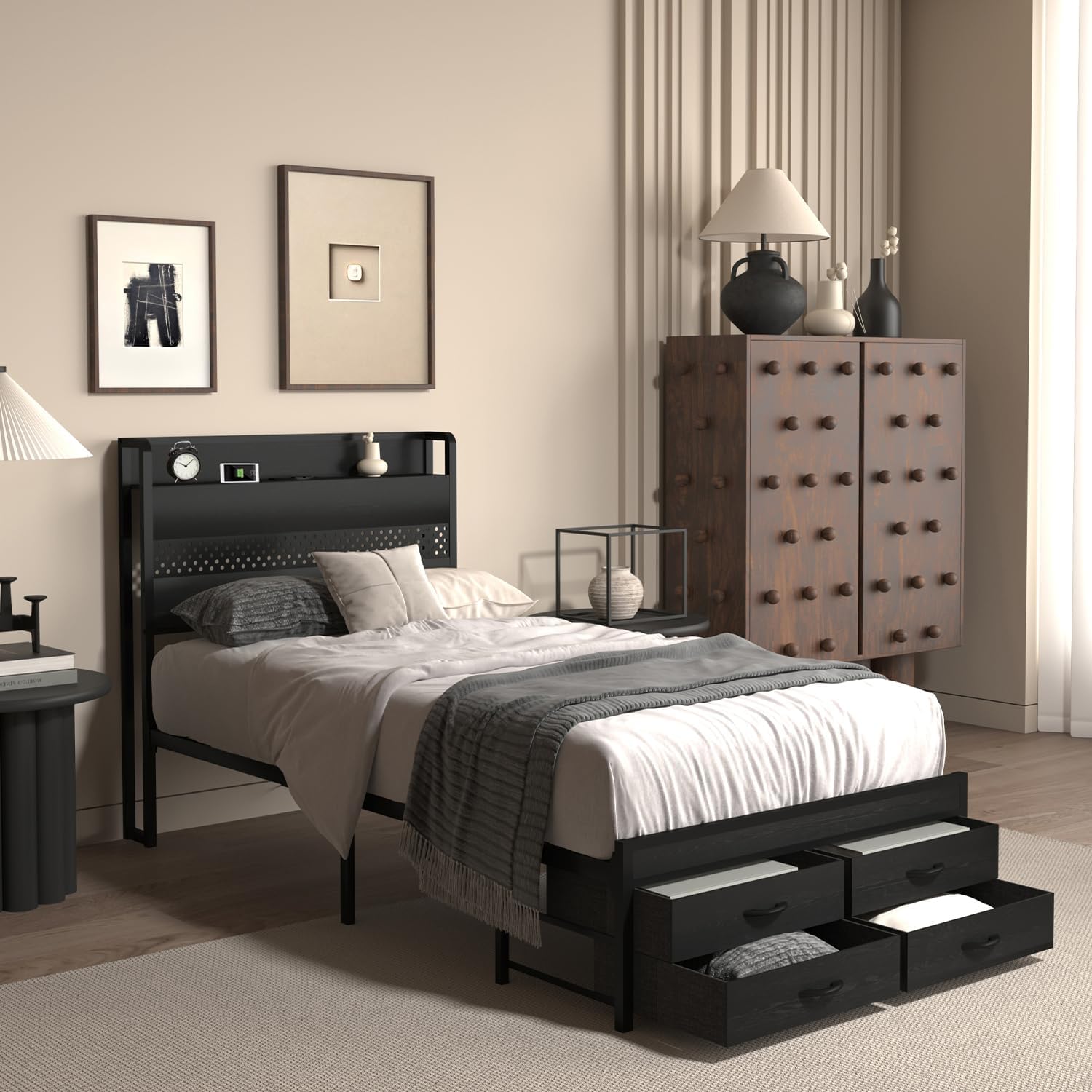 Black Twin Size Bed Frame with 4 Storage Drawers, Modern Metal Platform Bed with Bookshelf Headboard and Charging Station,RGB LED Lights, No Box Spring Needed (Black, Twin)