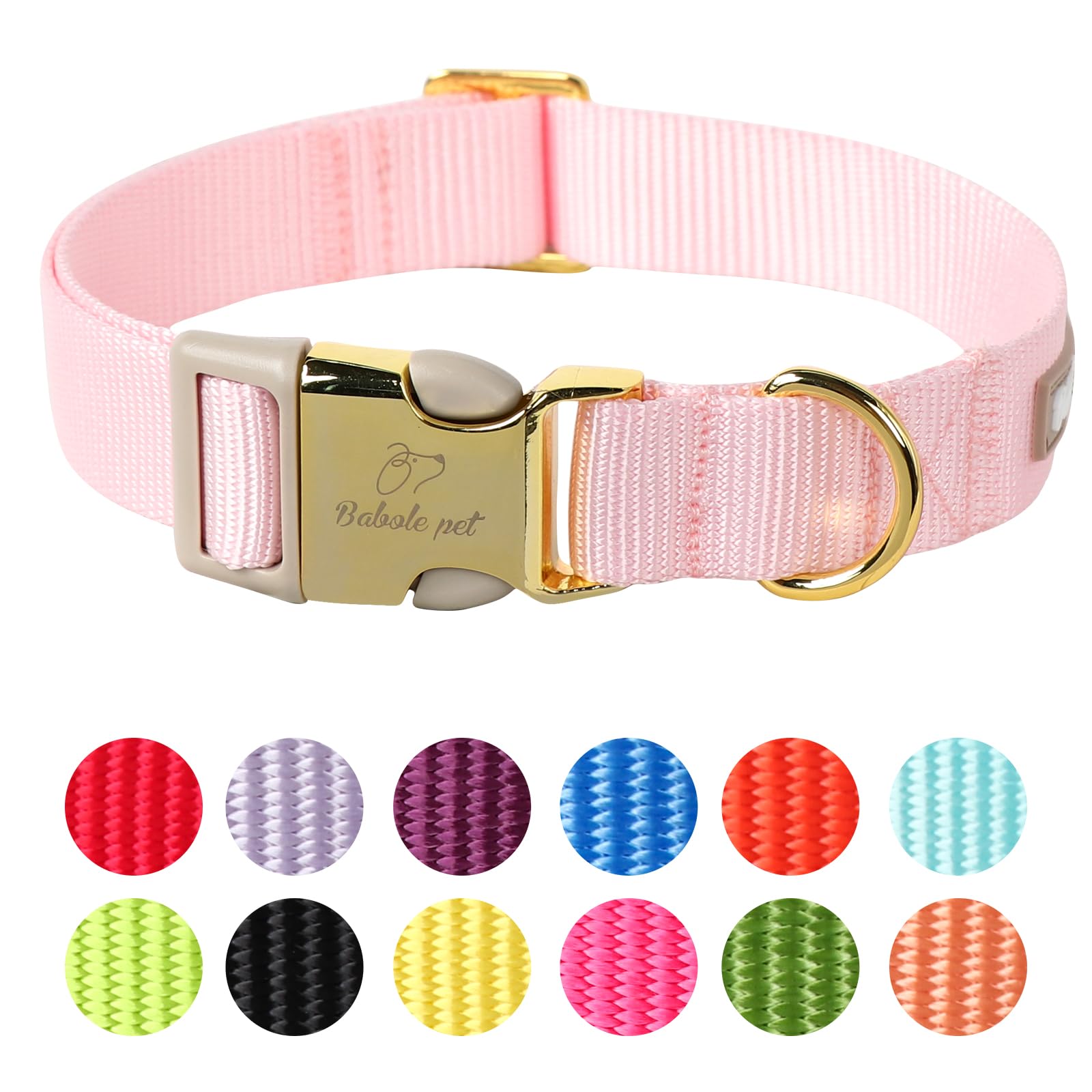 Babole Pet Nylon Dog Collar - Adjustable Pink Soft Webbing Dog Collars for Small Medium Large Dogs Boy Girl Puppy Collar with Safety Metal Buckle S