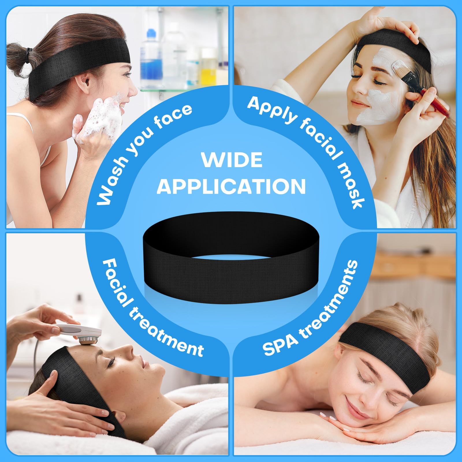 Noverlife 100 diademas desechables, diademas elásticas de spa con cinta mágica ajustable, bandas de pelo esteticista de tela no tejida para el cuidado de la piel facial, maquillaje, envolturas suaves