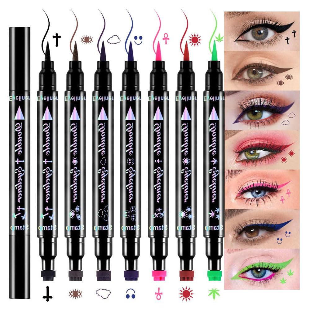 7Pcs Colored Liquid Eyeliners with Face Stamps – Black Brown Purple Blue Red Pink Green Star Flower Heart Moon Triangle Stamps for Cosplay & Gothic