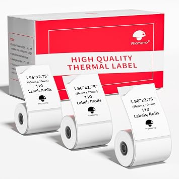 [3x110 pcs] Phomemo Thermal Sticker Label Paper, Multi-Purpose Self-Adhesive Tag for M110, M220, M120, M200, M221,M150,M250 Label Maker, Phomemo Original Labels 1.96"x2.75" 50x70mm, Black on White