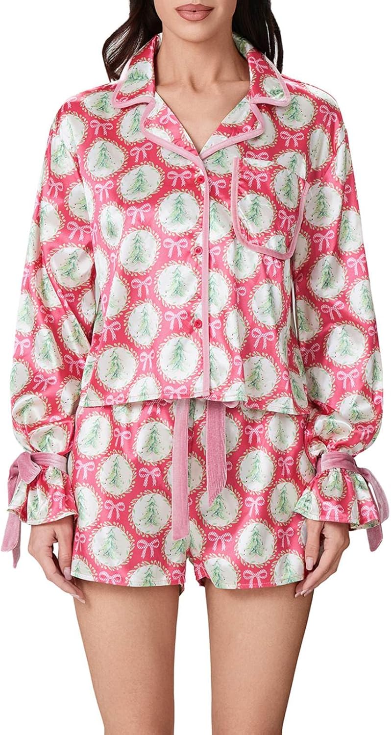 Christmas Pajamas for Women, Long Sleeve Button Up Pj Shirt and Shorts 2 Piece Set Trendy Holiday Sleepwear Outfits