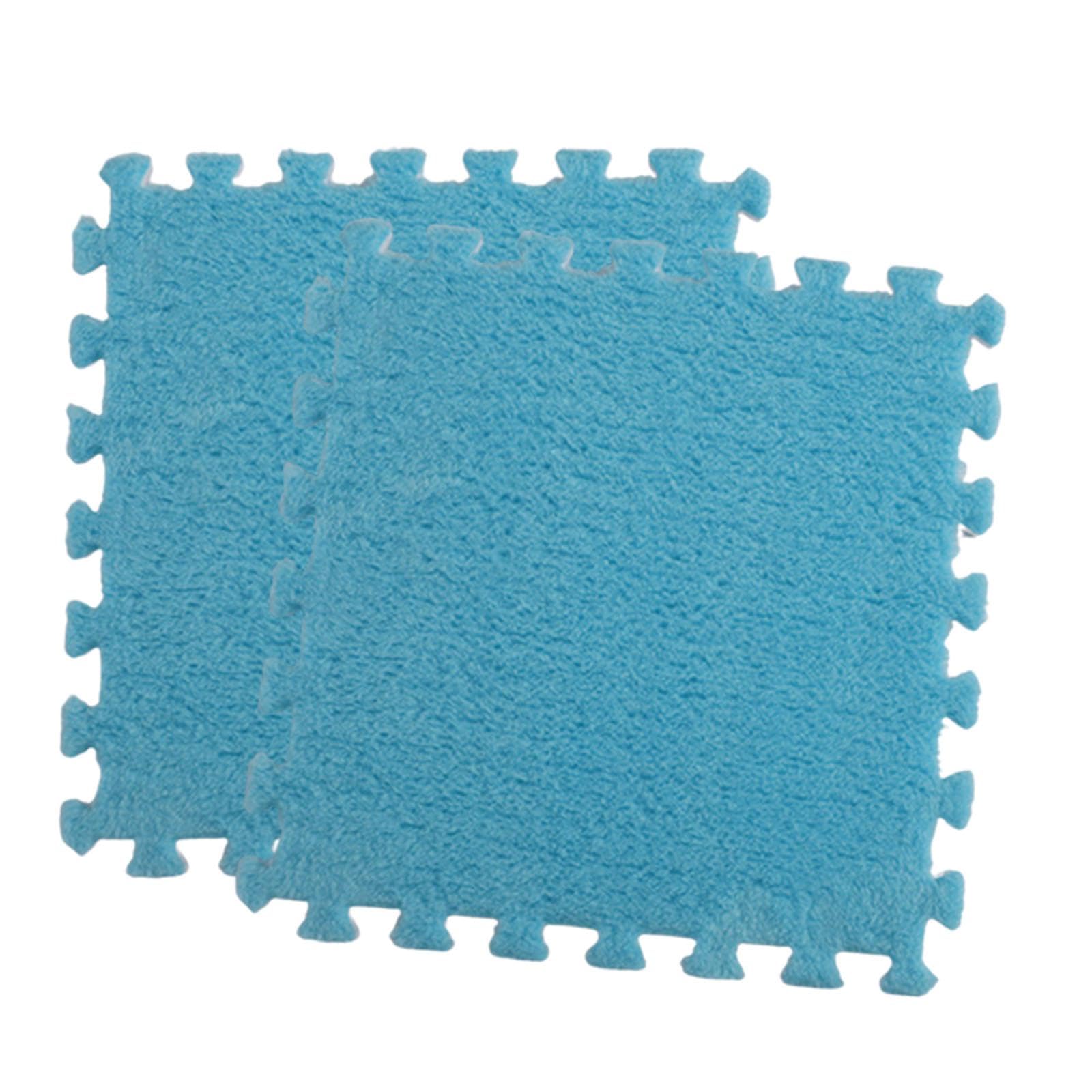 10 Pièces Tapis de Sol en Mousse Puzzle en Peluche, Tapis de Jeu 30x30 Cm Tapis à Poils Longs Antidérapant Tapis de Sol Puzzle pour Salles de Jeux Fer, Bleu