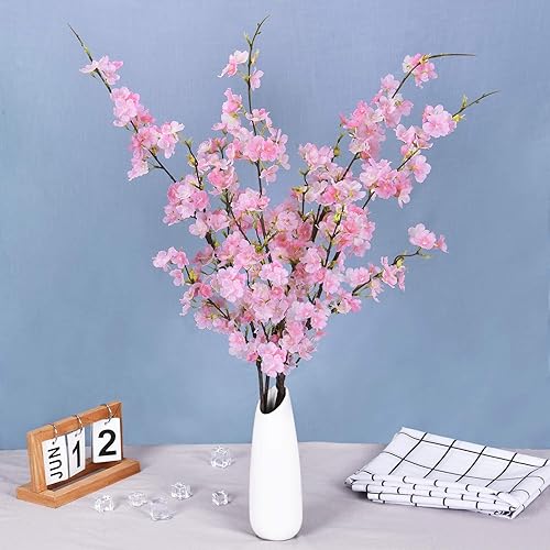 Miniatura 7 de Flor brillante, 4 flores artificiales de cerezo, arreglos de flores de durazno de seda, planta artificial alta de 42.9 pulgadas de alto, para boda,