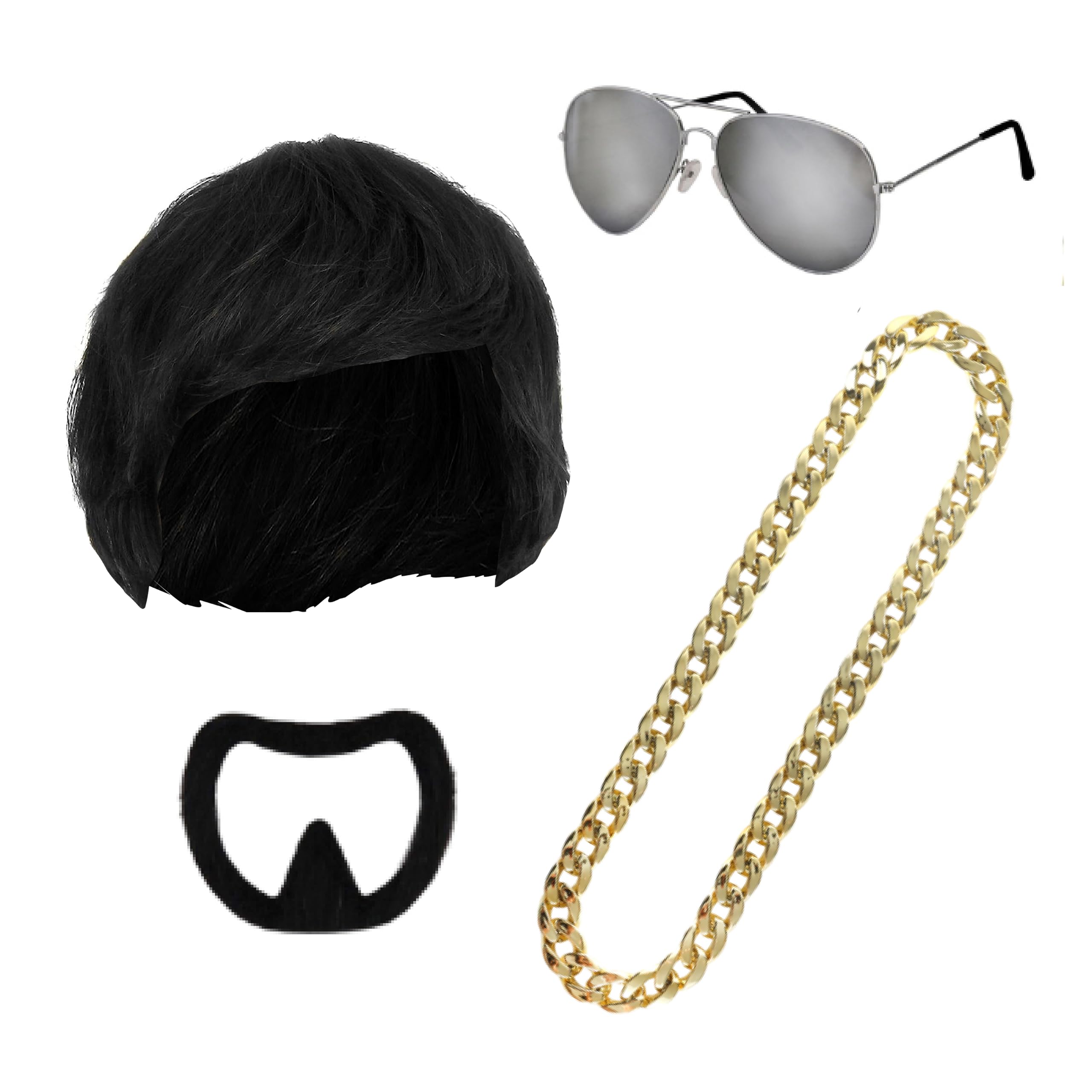 Ibiza Final Boss Costume Accessory Set | 4 Pcs | Wig, Chain, Black