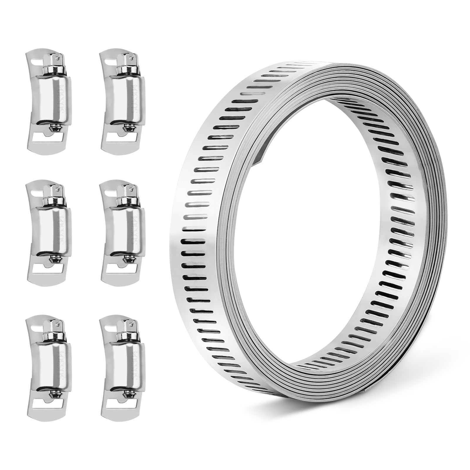 Yitexin 304 Stainless Steel Hose Clamps Adjustable, 8.2 Ft DIY Metal Clamps Straps with 6 Fasteners, Tube Screw for Plumbing Duct Automotive Mechanical Assortment (Silver)