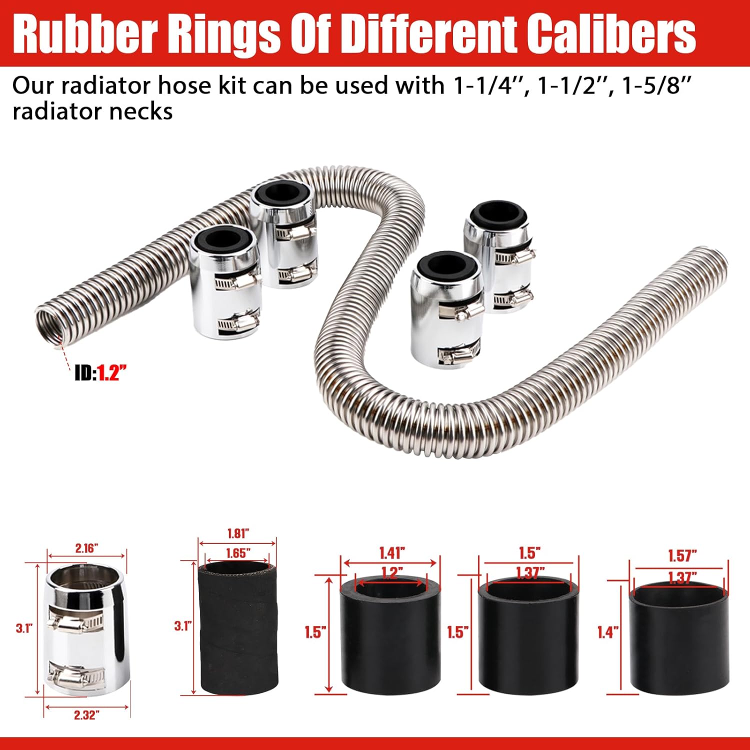 48” Radiator Hose Flexible Stainless Steel Universal Coolant Water Hose Kit With 4Pcs Chrome Caps REENKEY (Silver)