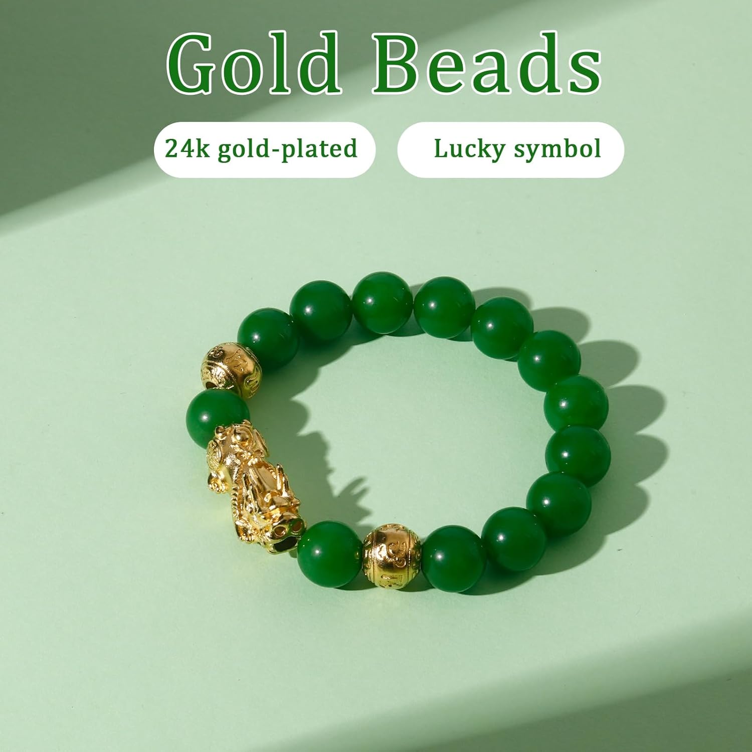 Feng Shui Wealth Lucky Bracelet with Real Jade Bracelet for Women Men, 24K Gold Plated PiXiu Dragon Protection Bracelet Mantra Prayer Beads Can Bring Good Luck, Wealth and Health