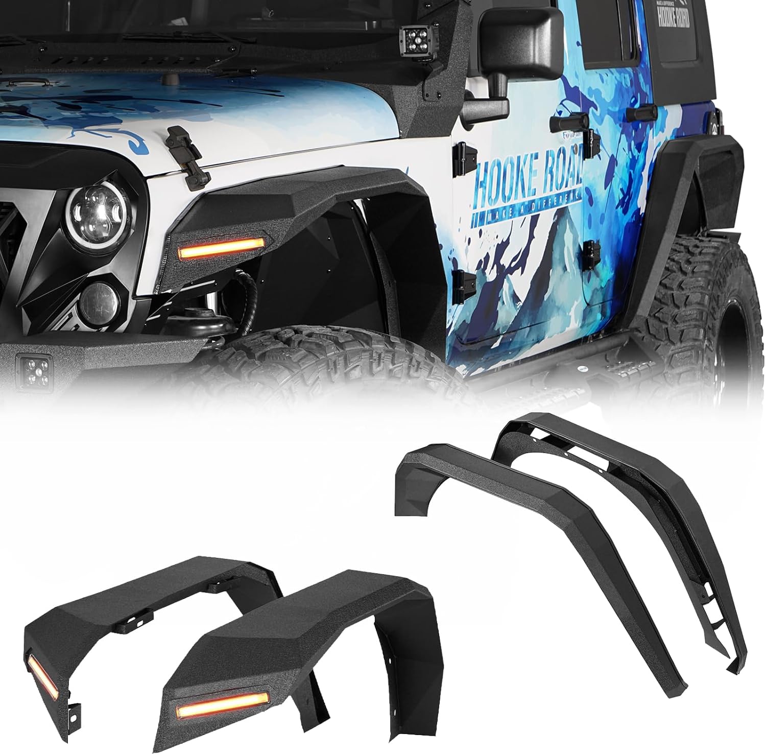 Hooke Road JK 8.7" Wide Flat Fender Flares Kit for 2007-2018 Jeep Wrangler JK & Unlimited 2/4 Doors, 4PCS Off-road Fenders w/Lights