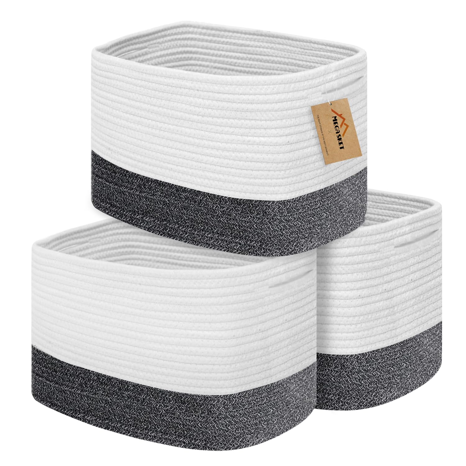 Set 3 Storage Baskets for Shelves, 14.9" x 9.4" x 8.6" Cotton Rope Woven Baskets for Storage, Wicker Shelf Baskets for Organizing, Toy Basket Organizer Storage Bins, Baby Nursery Organization