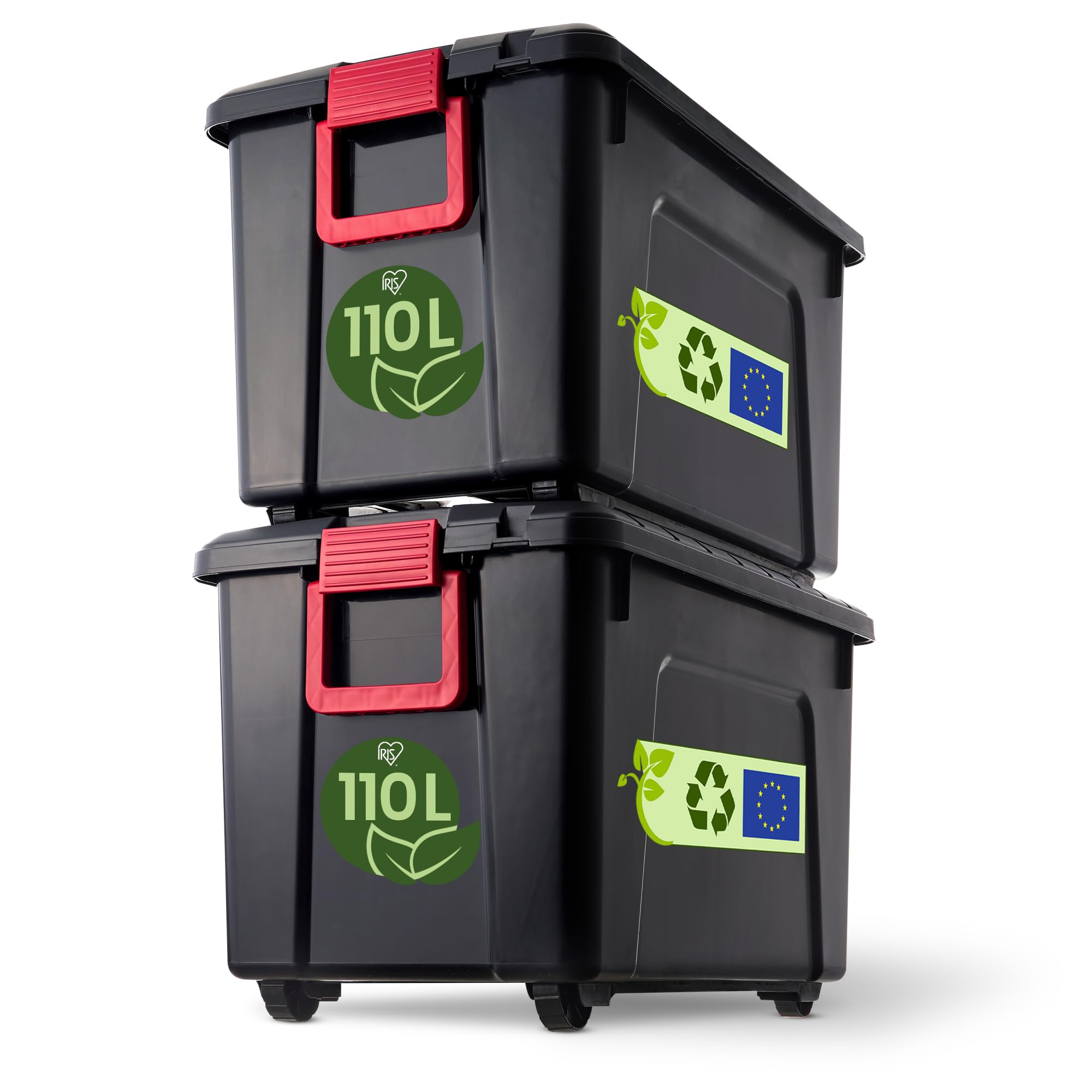 Iris Ohyama, Malle, Boîtes de rangement plastiques, avec couvercle et Cips de fermeture, 110L, Lot de 2, Empilables, Roues, Sans BPA, Grenier, Cabanon, Garage, SIA-​110, Noir