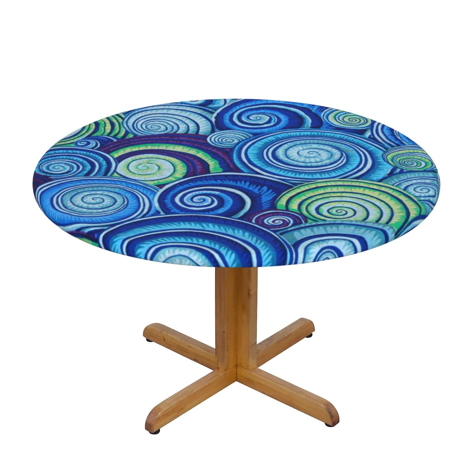 Lsjuee Round Fitted Tablecloth 45-50in Elastic Edged Table Cloth for Kitchen Dining Party Home Decor - Abstract Spiral Shell Blue