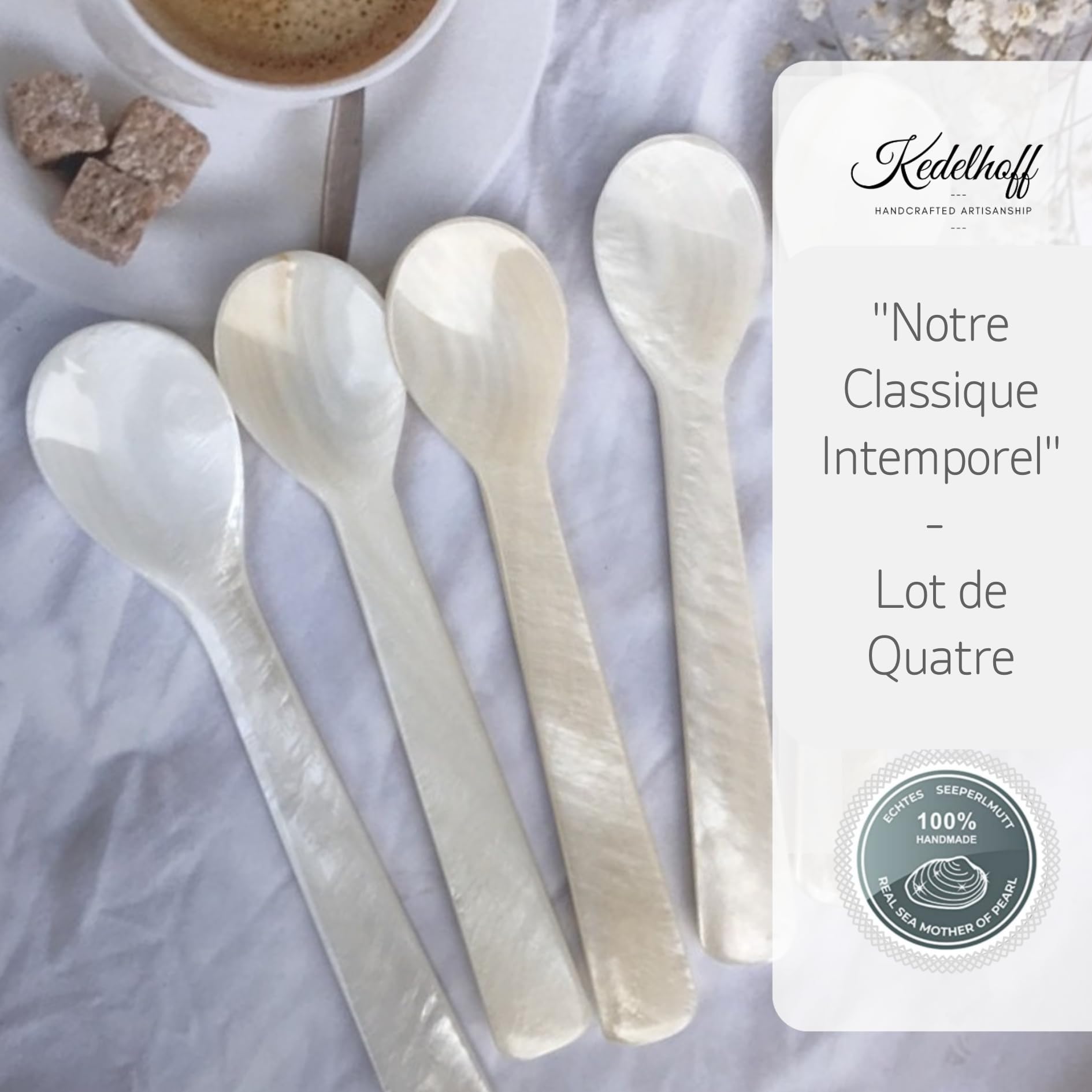 Lot de 4 Cuillères en Nacre Véritable I Cuillère à caviar fabriquée à la main I Cuillère à œuf nacrée (Naturelle), Environ 12 cm