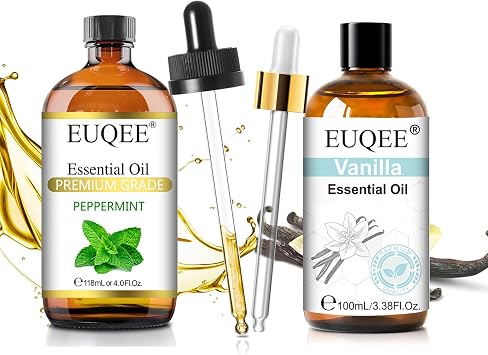 EUQEE Peppermint Essential Oil 118 ml+EUQEE Vanilla Essential Oil 100ml, 100% Natural and Pure Vanilla Oil for Aromatherapy Diffuser, Massage, DIY Soap, Candle Making, Skin & Hair Care
