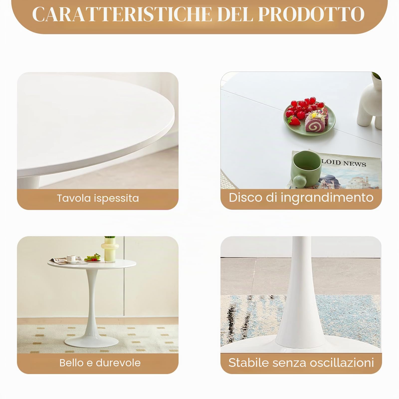 buybyroom Tavolo da pranzo rotondo moderno scandinavo, semplice tavolino per cucina, sala da pranzo e soggiorno, bianco