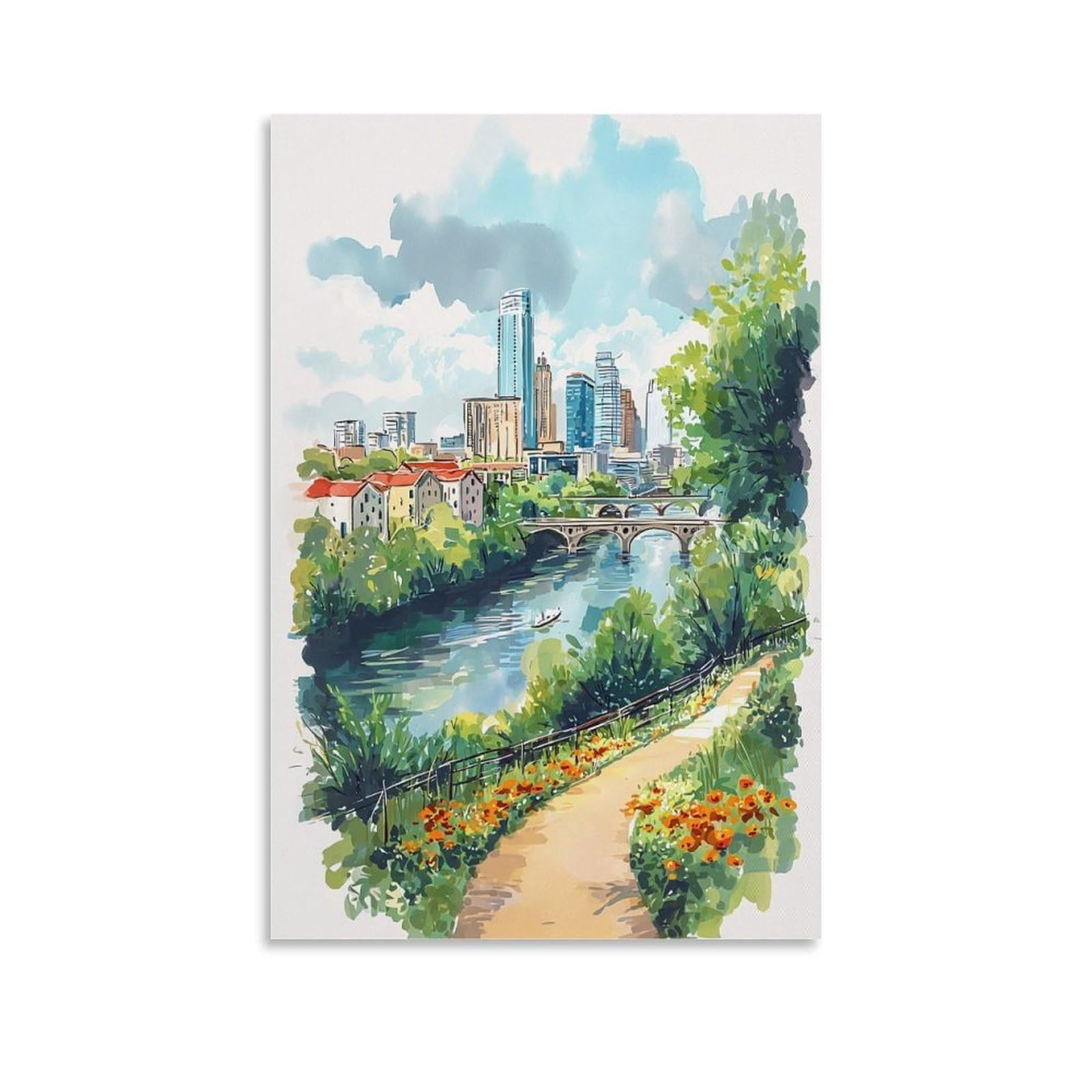 LCYNNH Austin Texas Skyline Watercolor Print Travel Posters 12x18inch(30x45cm) Print Home Bedroom Office Living Room Decor Canvas