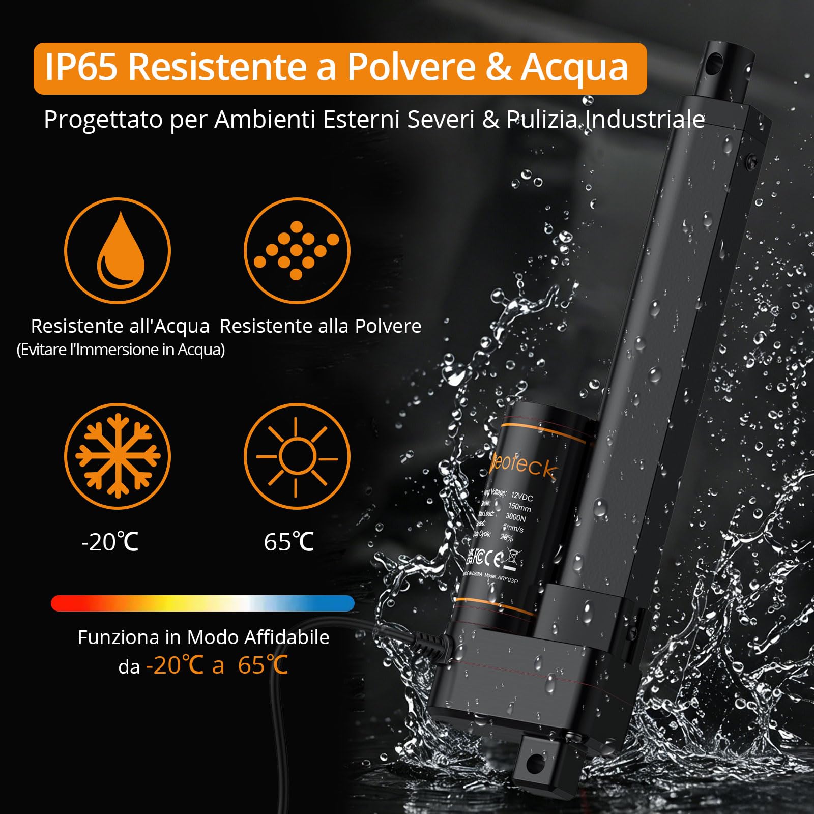 Neoteck Motore Lineare Elettrico 3000N 150mm 12V DC 3.5 mm/s a Carico 50 dB | Attuatore Lineare IP65 Finecorsa Integrato Certificato CE per Sollevatori Industriali Macchine Agricole Rimorchi Camion e CNC