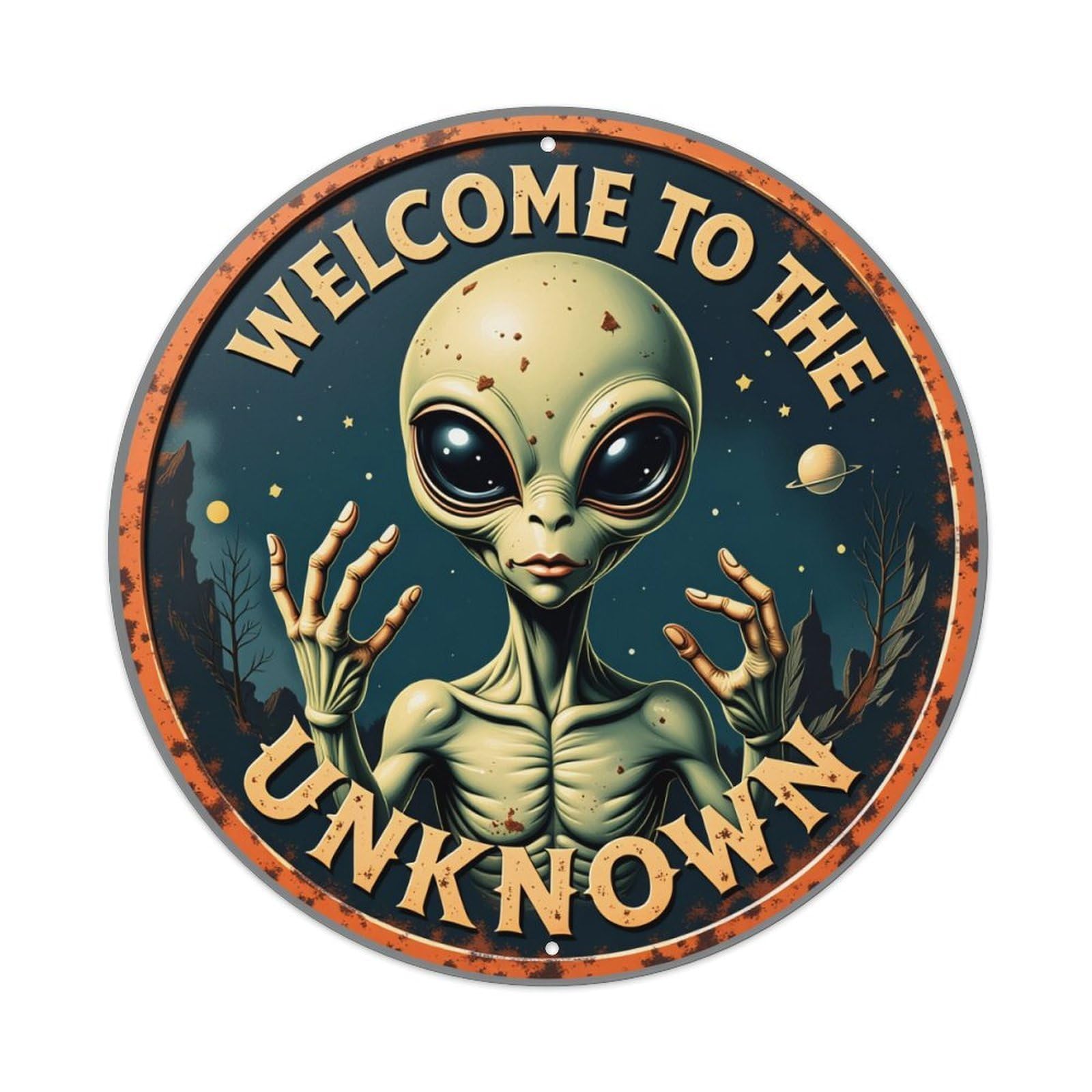 Alien Welcome Unknown Space Sign Round Tin Sign Vintage Metal Poster, Home Bar Garage Man Cave Cafe Indoor & Outdoor Wall Decoration 8x8Inches
