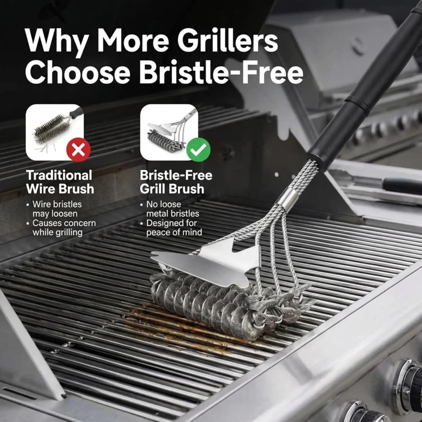 Grillbürste mit langem Griff & Flaschenöffner - Borstenfreier Edelstahl BBQ Scraper & Cleaner - Sicher für Porzellan, Weber, Gas & Holzkohlegrills - Ideales Geschenk für Papa & BBQ