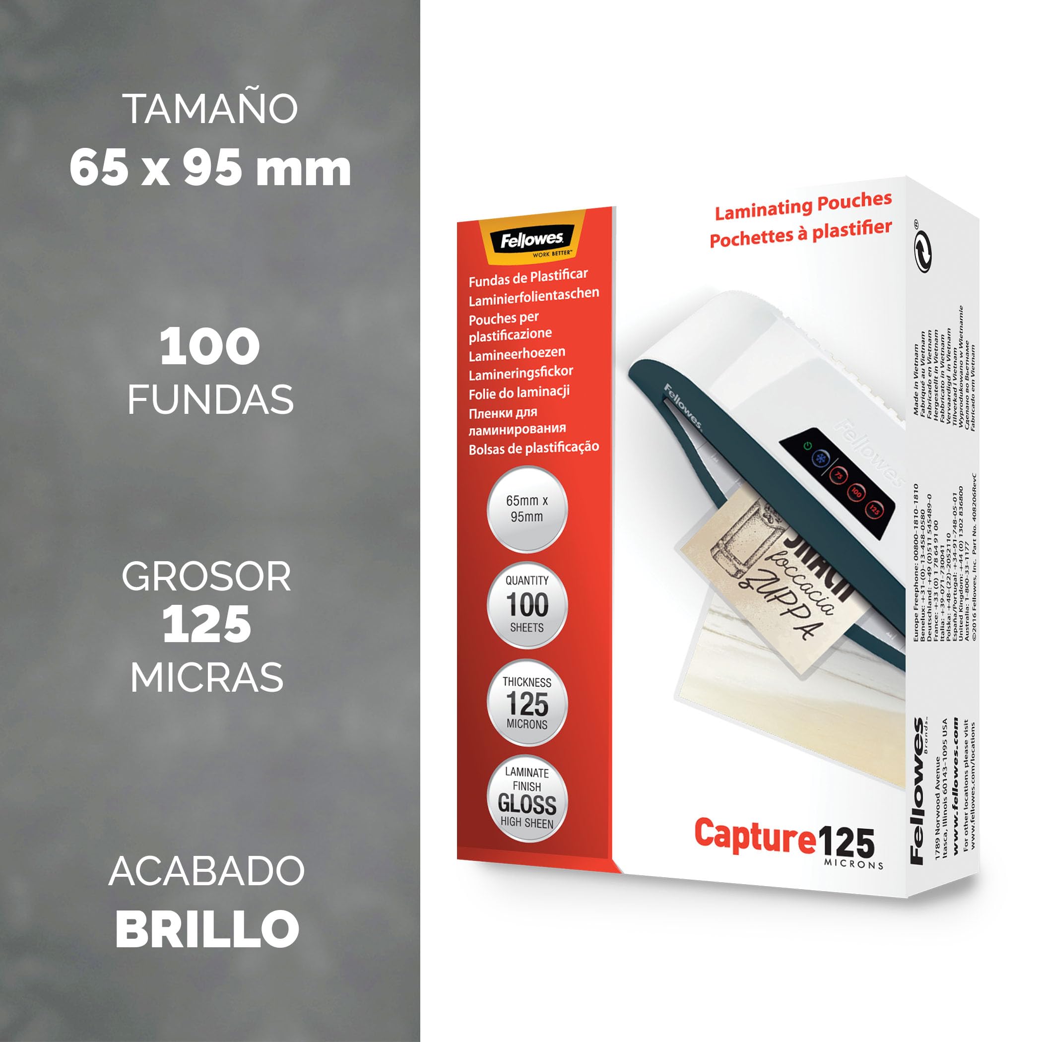 Fellowes Fundas de Plastificar (65x95mm), acabado brillo, 100 hojas, 250 micras (2 x 125 micras), acabado de calidad, adecuadas para fotos, tarjetas de identificación y documentos pequeños