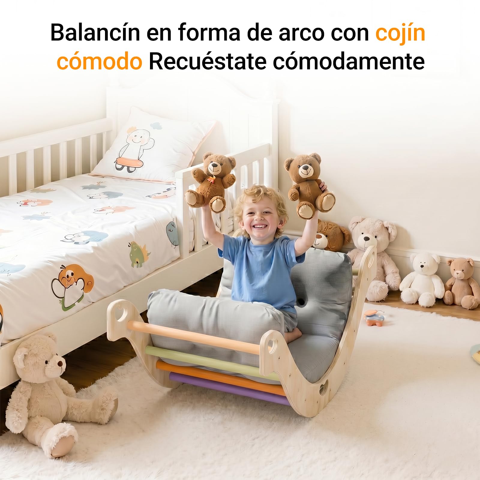 COSYLAND Arco de Escalada Montessori 3 en 1 – Triángulo de Madera Doble Cara, Balancín y Estructura de Actividades para Niños 18 Meses a 6 Años