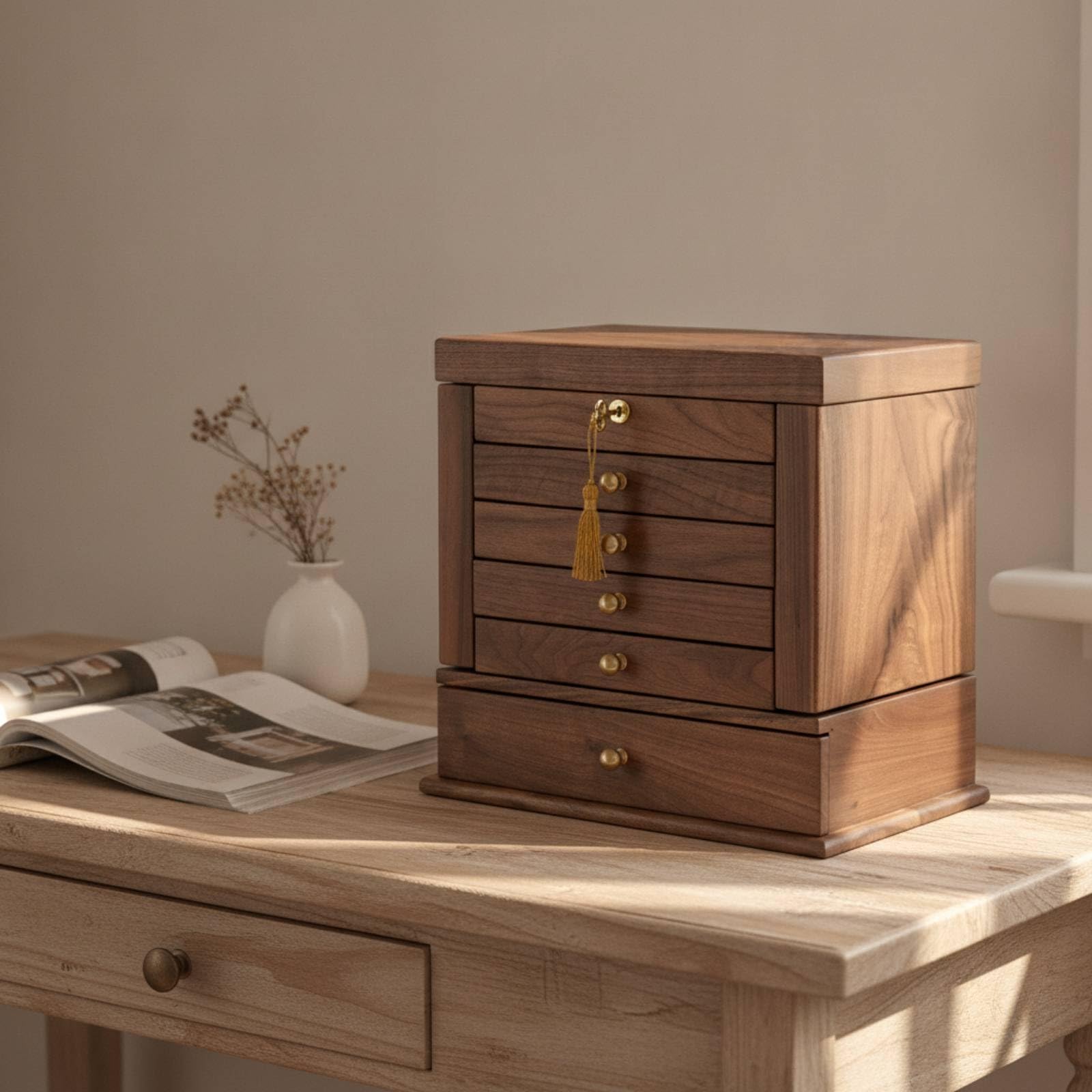 Organizador de Maquillaje Caja de Cosméticos Tocador Cajonera Almacenamiento Madera Negro con Tiradores Redondos, Madera De Caucho Con Chapa De Nogal Caja De Almacenamiento De Cosméticos