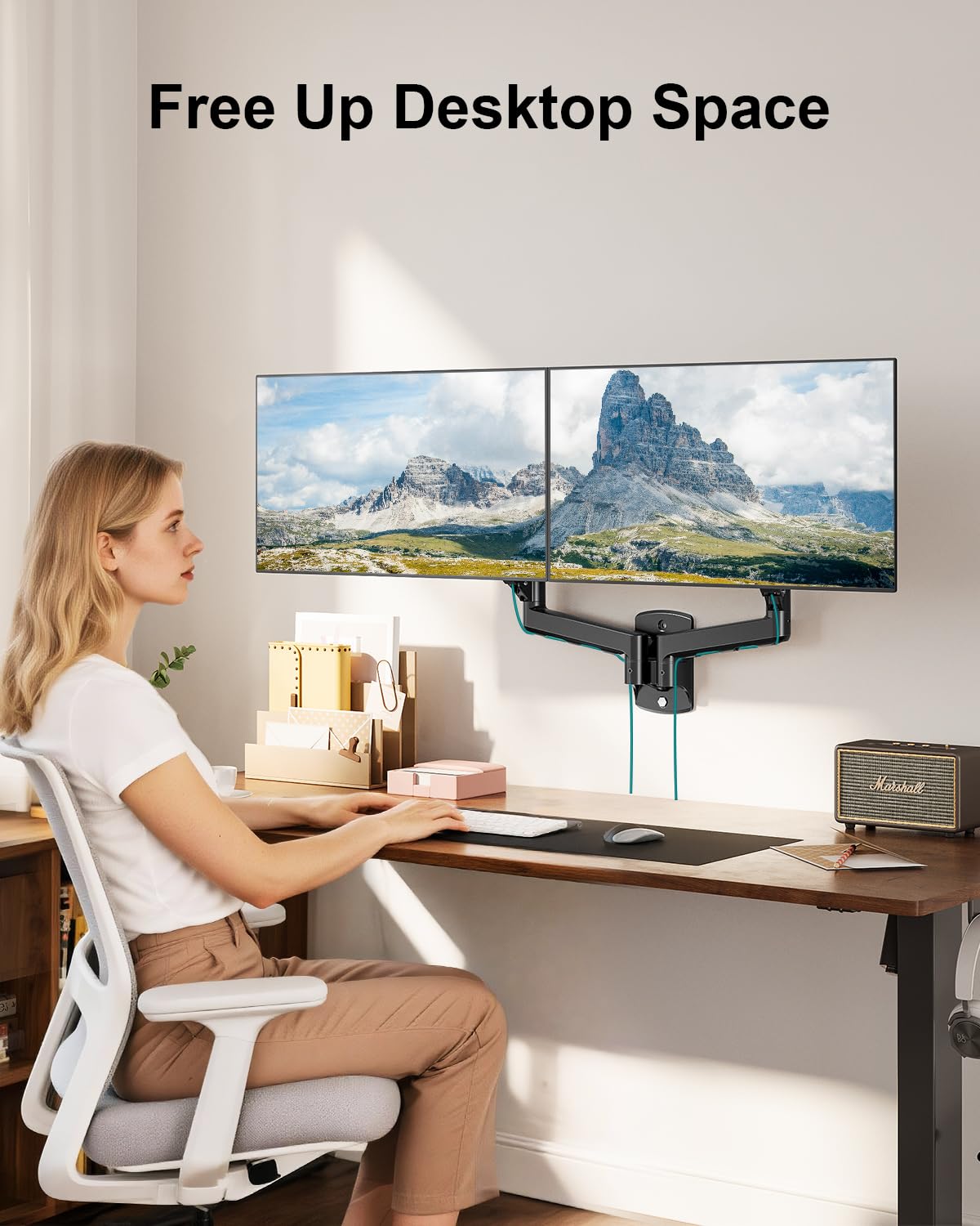 MOUNT PRO Staffa di montaggio a parete per doppio monitor, regolabile in altezza, articolata, con molla a gas, per schermi LCD da 13 a 32 pollici, supporta fino a 8 kg, VESA 75 x 75, 100 x 100