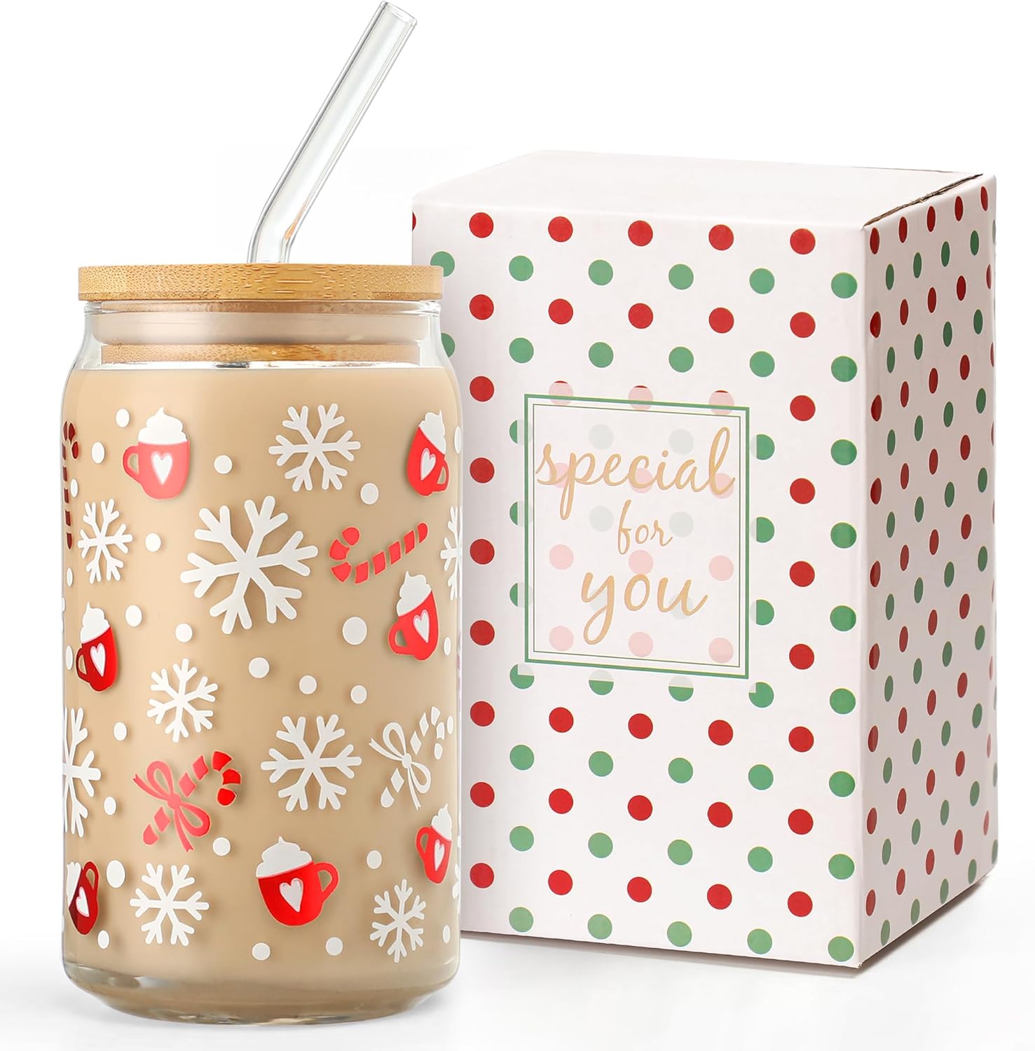 Christmas Cup, 16oz Clear Glass Cups with Lids and Straws, Cute Cups for Women, Snowflake Design, Reusable Drinking Cup with Bamboo Lids, Santa Christmas Gifts for Men, Women and Friends - Image 8