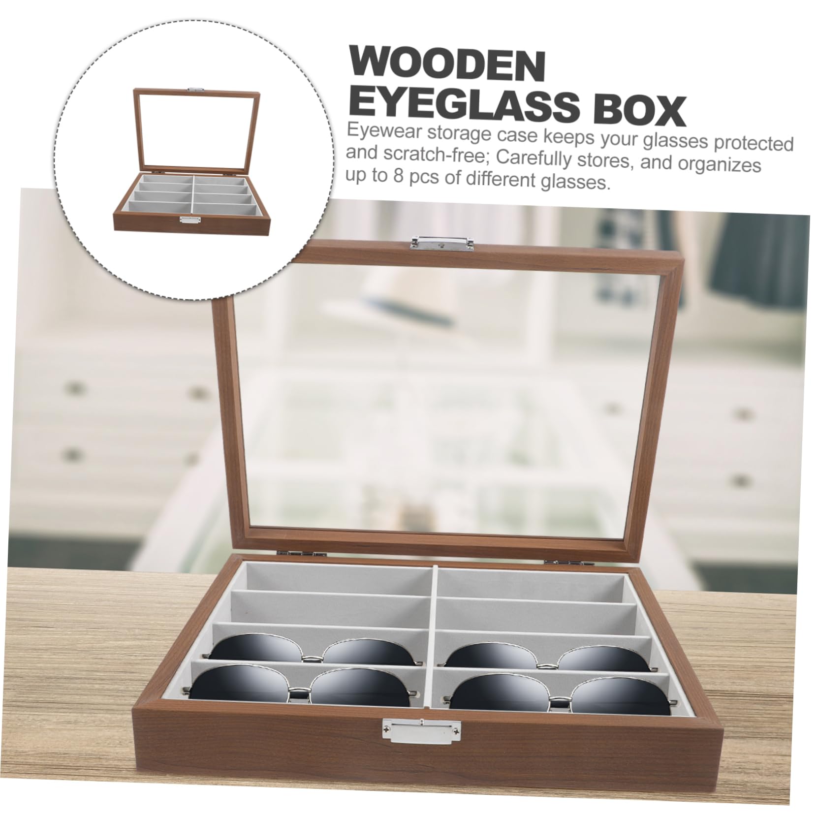 LIFKOME Caja para Guardar Gafas de Sol de Madera, 8 Ranuras, Transparente | Almohadilla Interior de Fieltro, para Exhibir en Ventanas Transparentes, Celebracion Verano