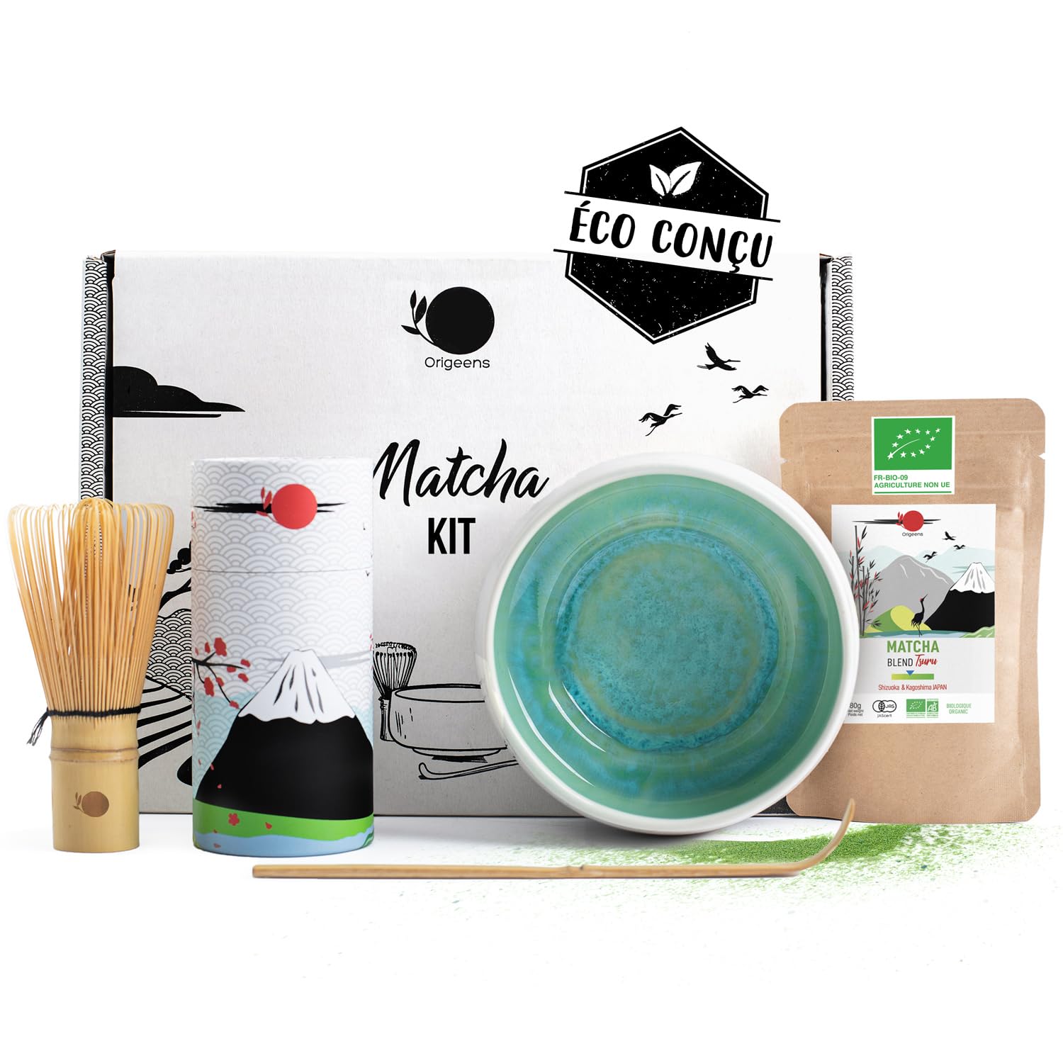 ORIGEENS Kit Matcha Complet JADE - Conditionné en France - Matcha Kit avec Bol Matcha Artisanal (Portugal), Fouet Chasen, Thé Matcha BIO Japonais et Cuillère doseuse Chashaku