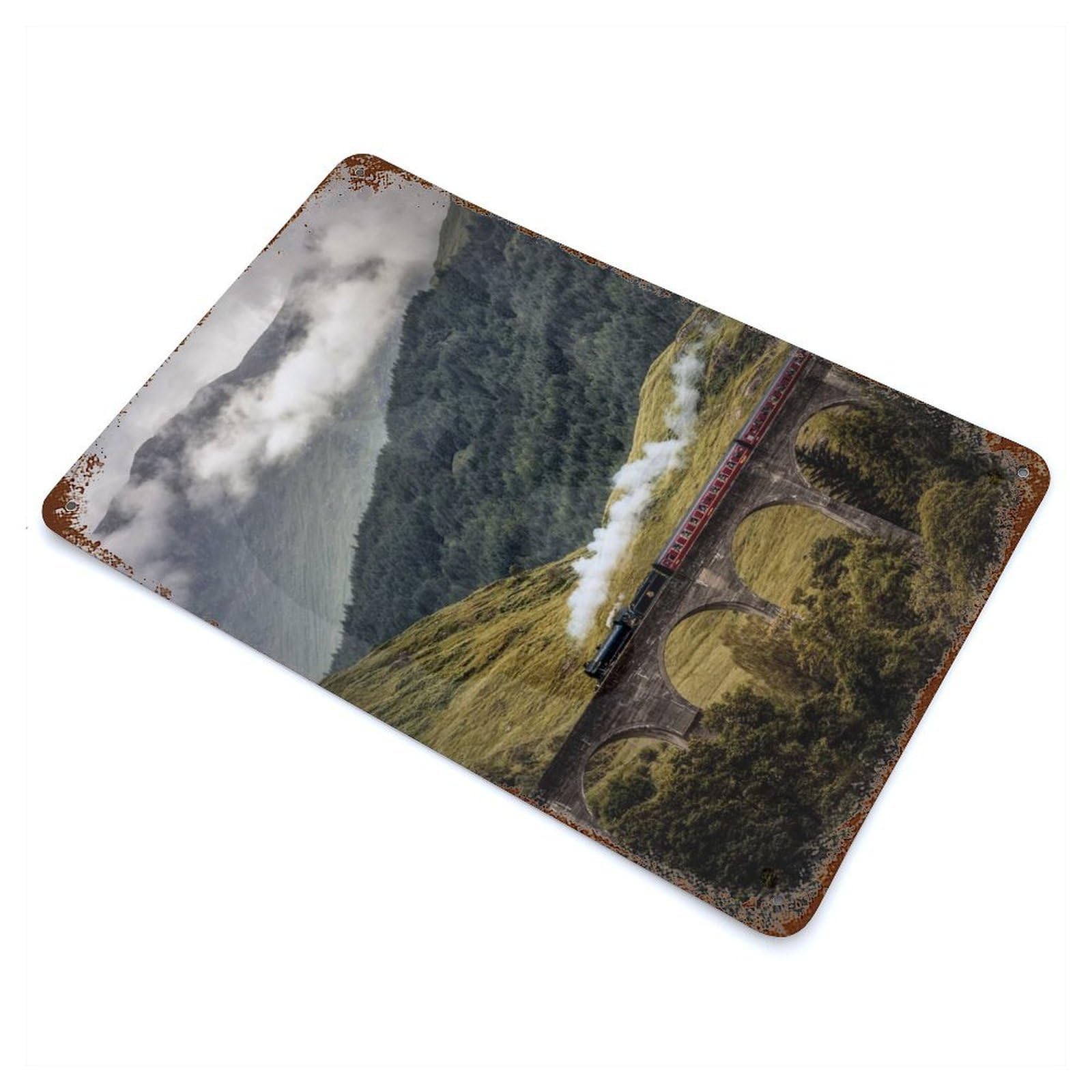 Vintage Rust Metal Sign with Glenfinnan Potter Bridge Design 11.8"x7.9", for Garage, Bar And Workshop Decor, Retro Wall Decor