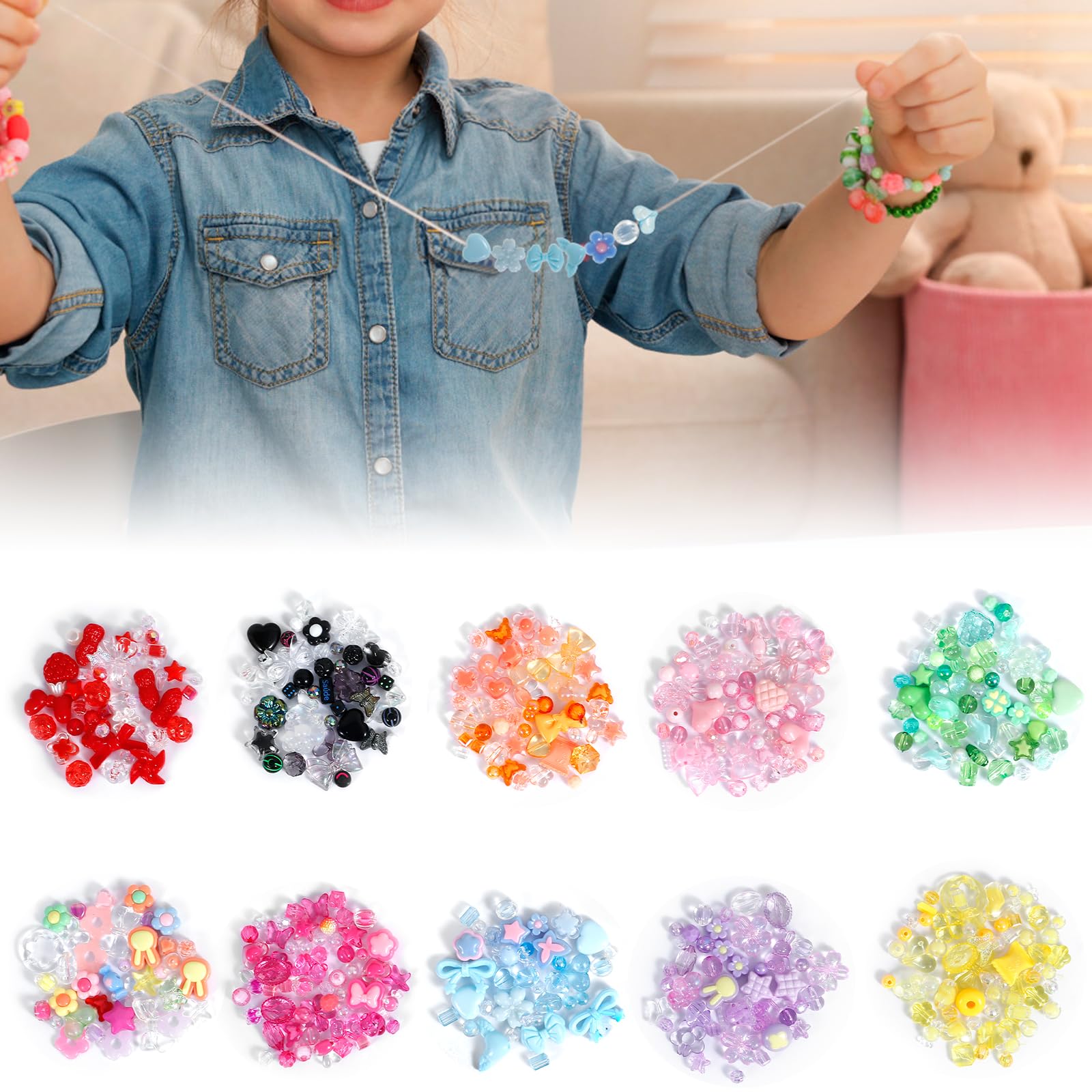 VAVPUP 260-500pcs Multi-Color Acrylic Beads Kit with Star,Heart,Bow & Bear Shapes Assorted DIY Jewelry Making Beads for Bracelets,Necklaces,Keychains (10 Colors)