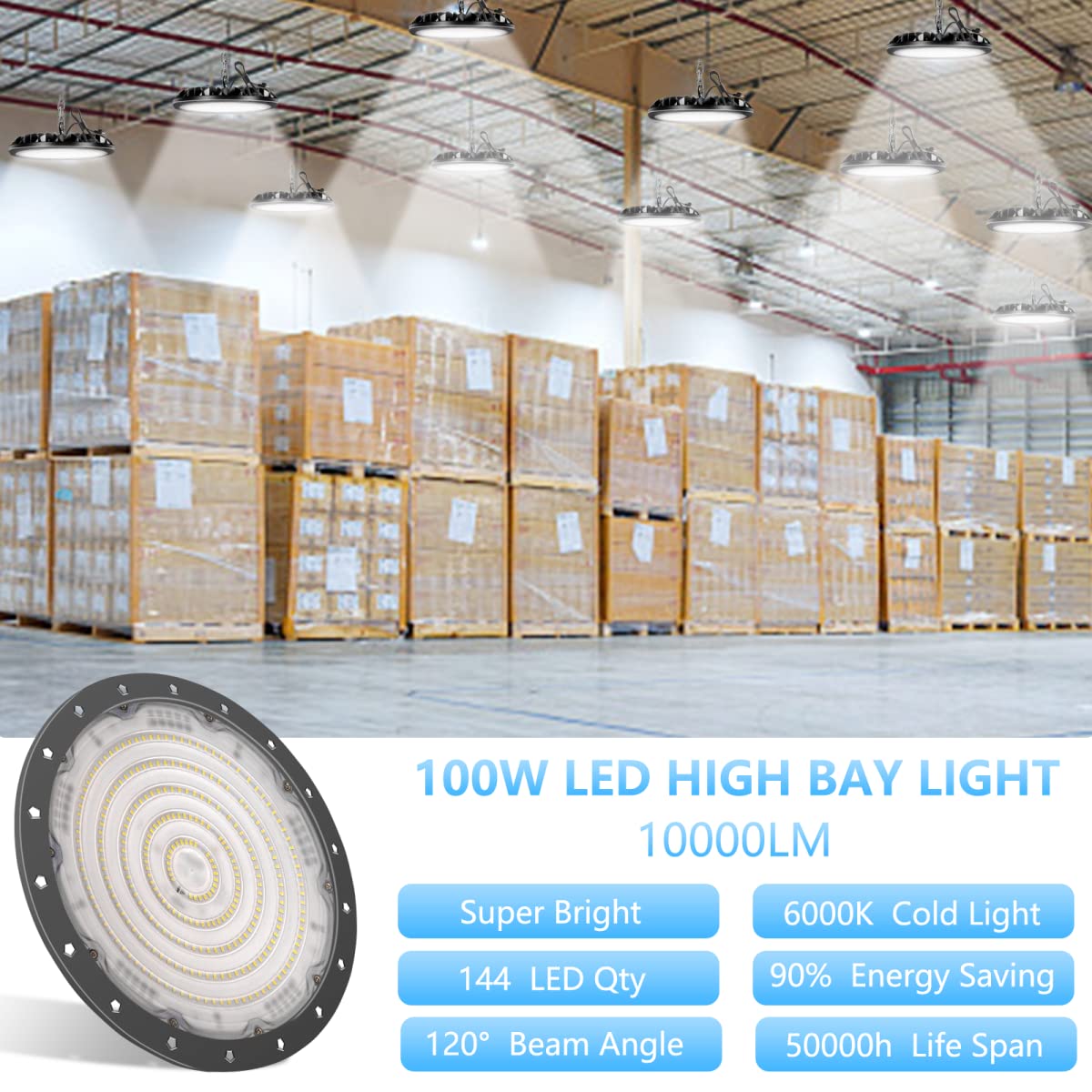 loyal 100W UFO Faretto LED 10000LM, 6000K Bianco Freddo Potente Alta Luce Della Baia, IP65 Impermeabile UFO Lampada da Officina, LED Industriale Interni per Fabbrica Magazzino