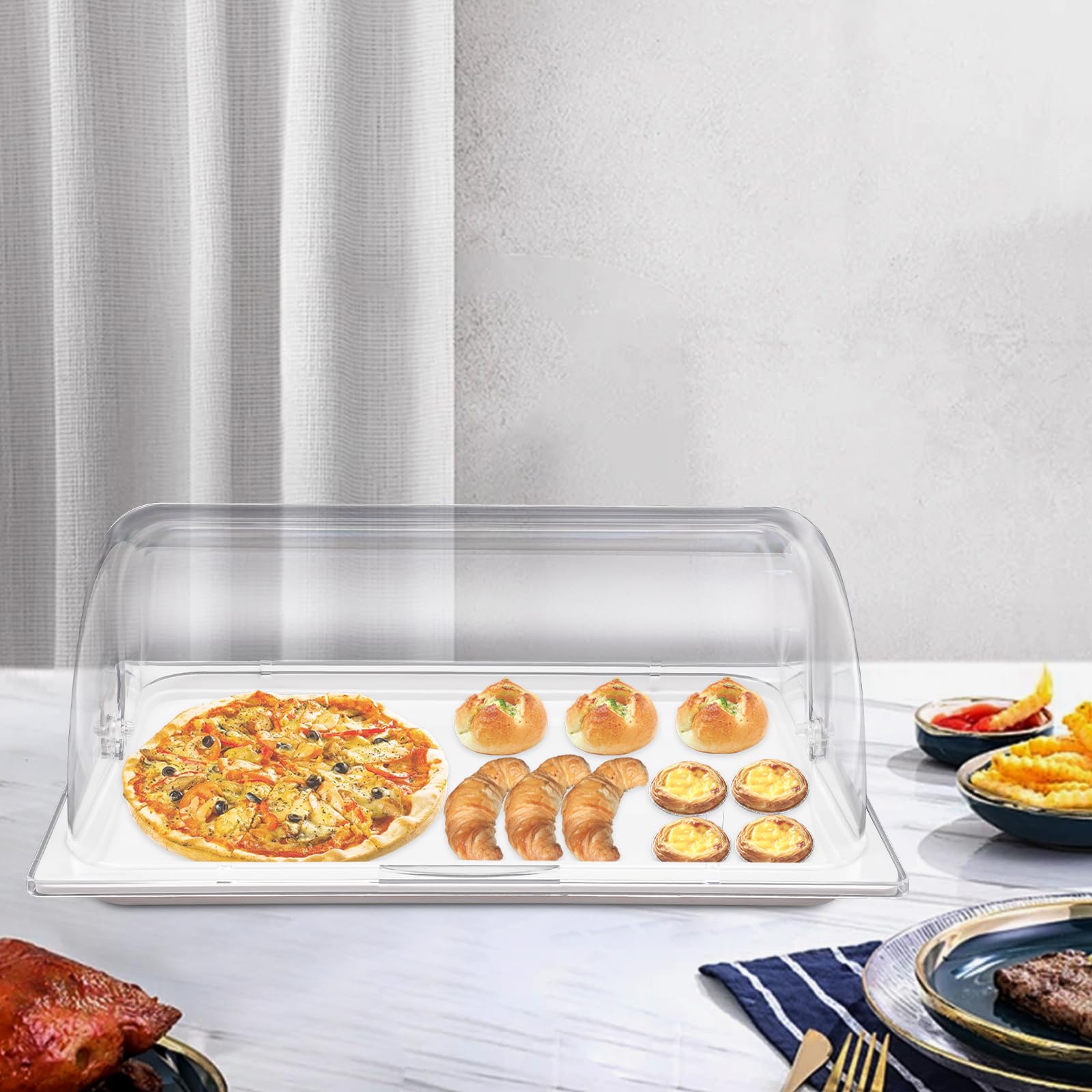 Servierplatte Für Speisen, Große, Transparente, Rechteckige Buffetplatte (42 X 28 cm) Mit Transparentem Rolldeckel, Geeignet Für Desserts, Kuchen, Obstsalat Und Restaurants, Hotels, Partys Und