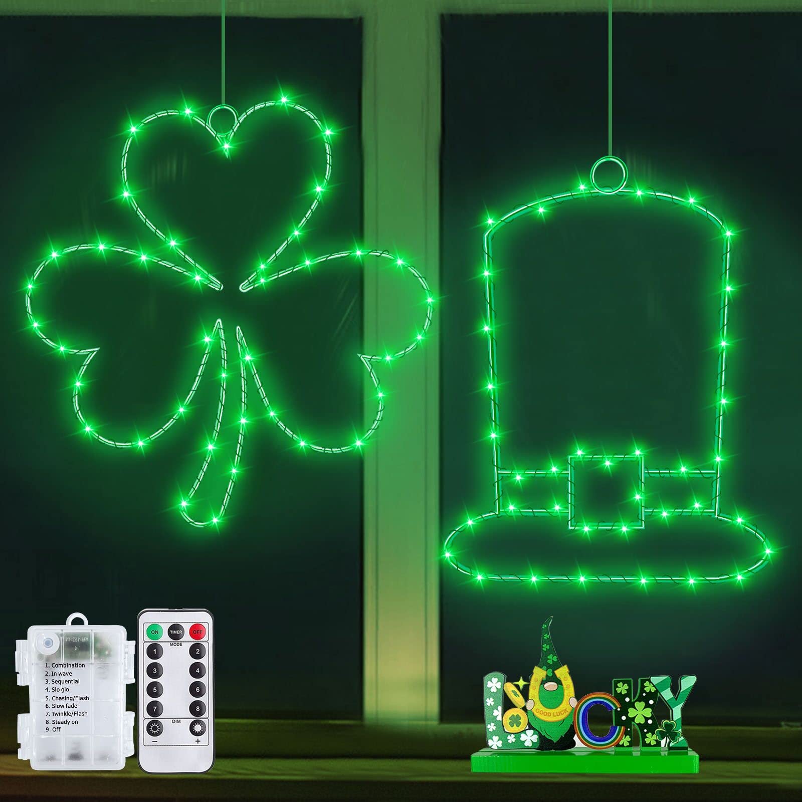 TURNMEON 2 Pack 12" St. Patrick's Day Window Lights Silhouette Decorations Timer Remote Control 8 Modes Shamrocks Leprechaun Hat Battery Operated Irish St. Patrick's Day Decor Outdoor Indoor Home Wall