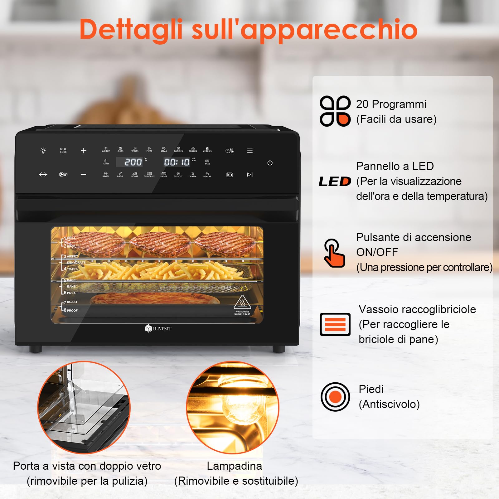 LLIVEKIT 30L Friggitrice ad Aria Forno XXL con Girarrosto Rotante, Mini Forno a Convezione 20 Programmi e 9 Accessori, Friggitrice ad Aria Senza Olio con Schermo a LED, Ricettario, 80 °C-230 °C