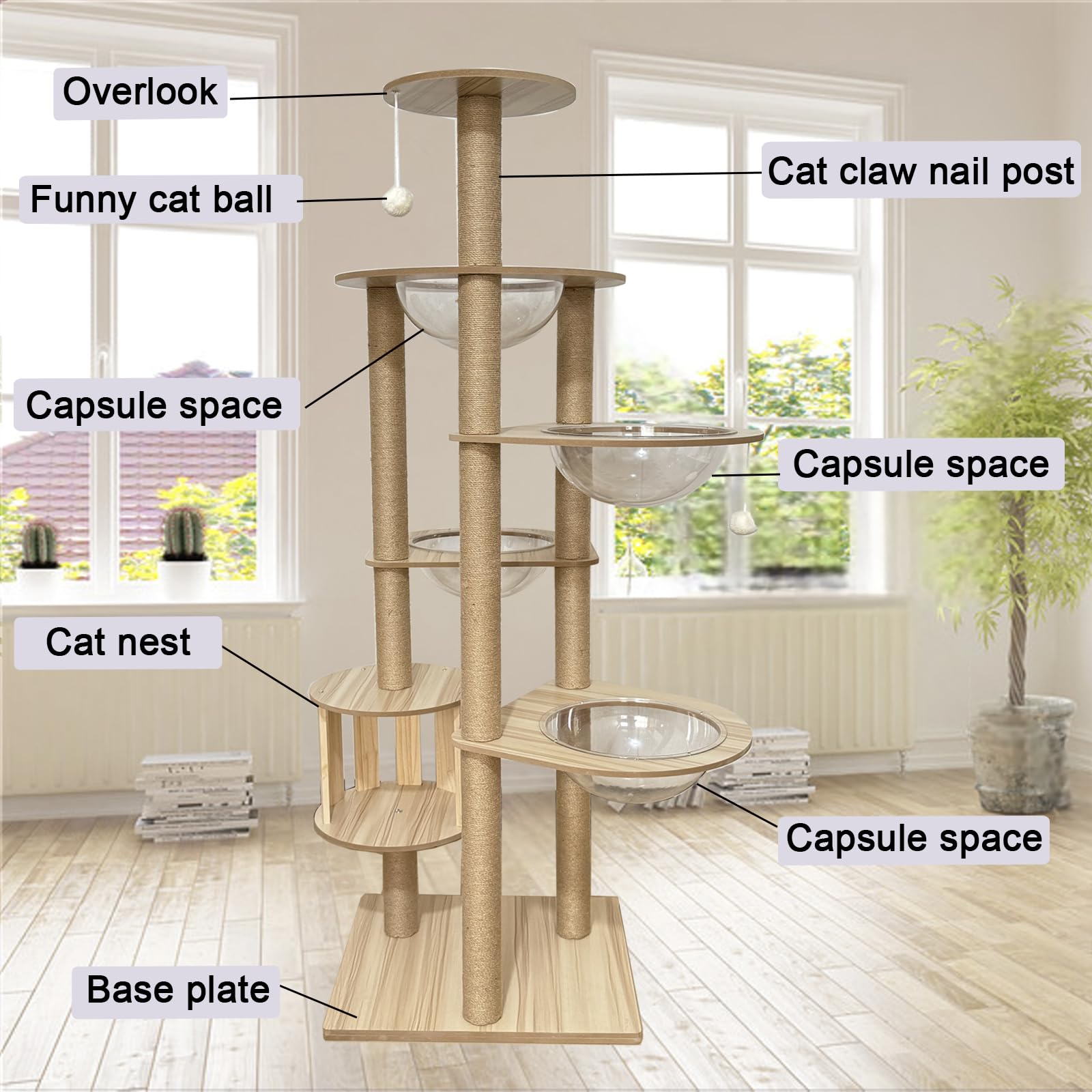 Mdpetpops Árbol rascador para Gatos de 183 cm, Grande, con 4 cápsulas, Yute, Columna rascadora, Escalera, Cueva, Juguete para Gatos, Color Madera YN-105