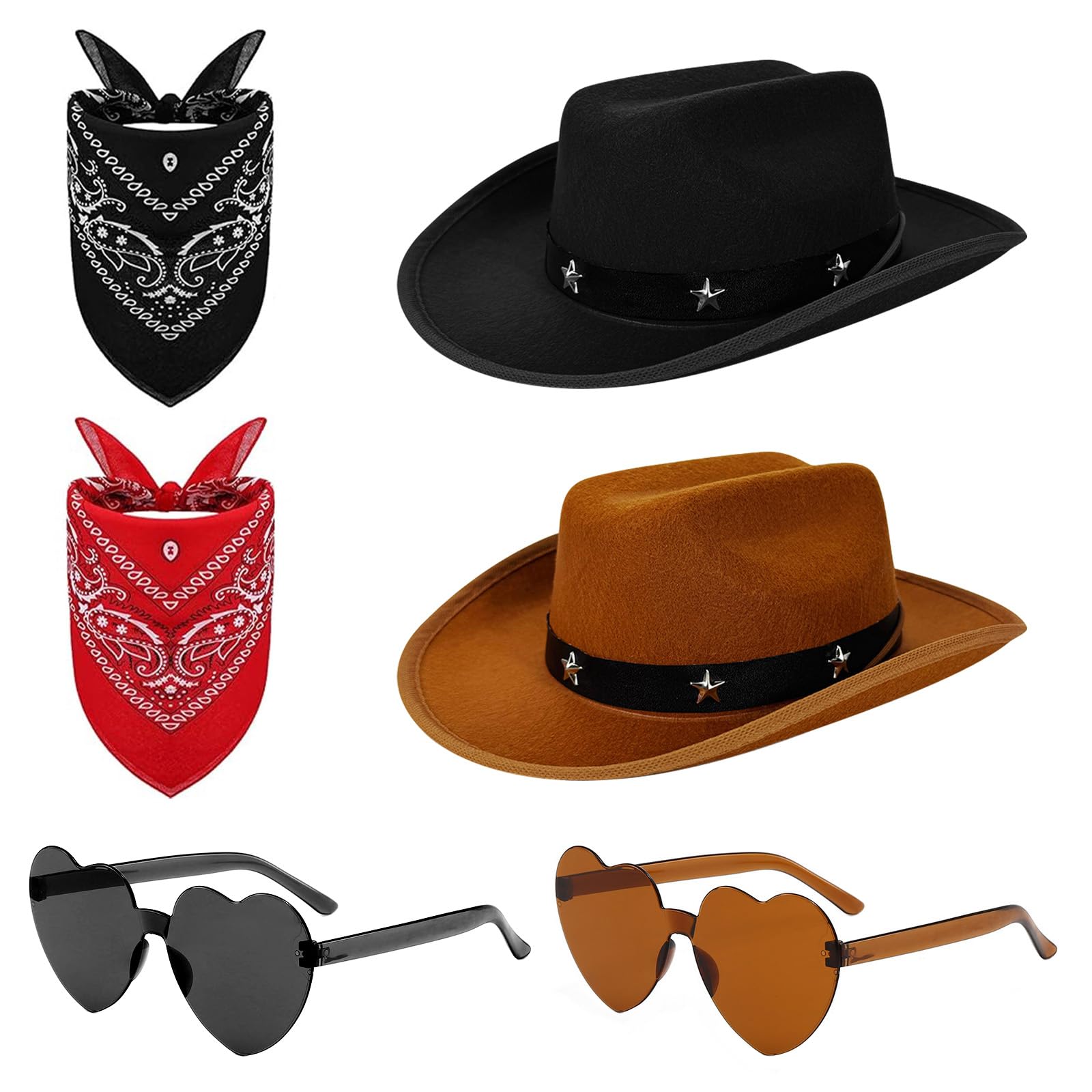 Yozexin 6 Pack Cowboy Dress,Black & Brown Star-Studded Cowboy Hats,Paisley Bandana & Heart Sunglasses,Western Fancy Dress for Hen Parties, Stag Dos, Halloween & Themed Events