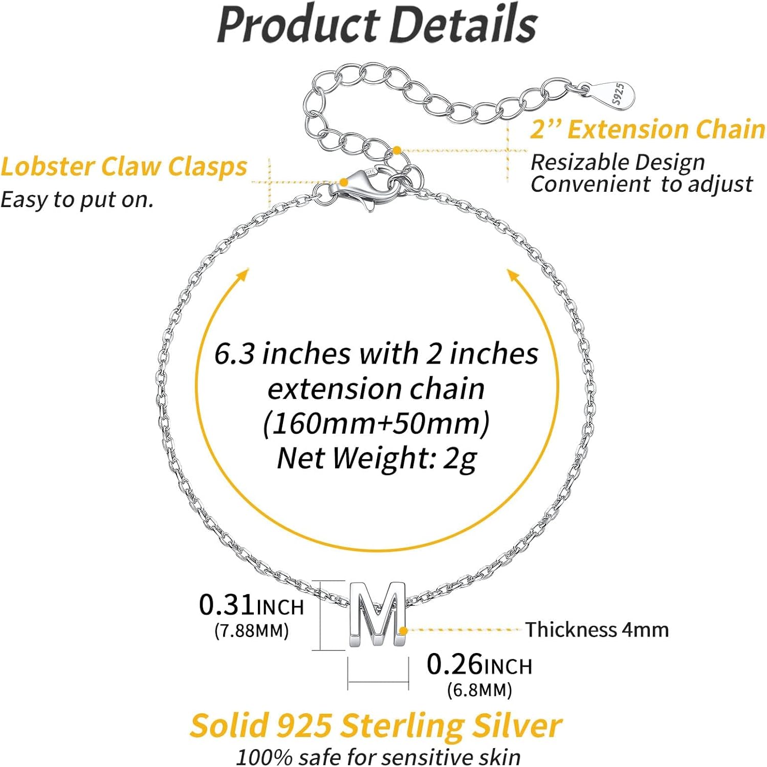 ChicSilver Initial Bracelet for Women 925 Sterling Silver Letter Initial Bracelet Dainty Personalized 26 Alphabet Jewelry Gifts for Birthday Anniversary Wedding - Image 4