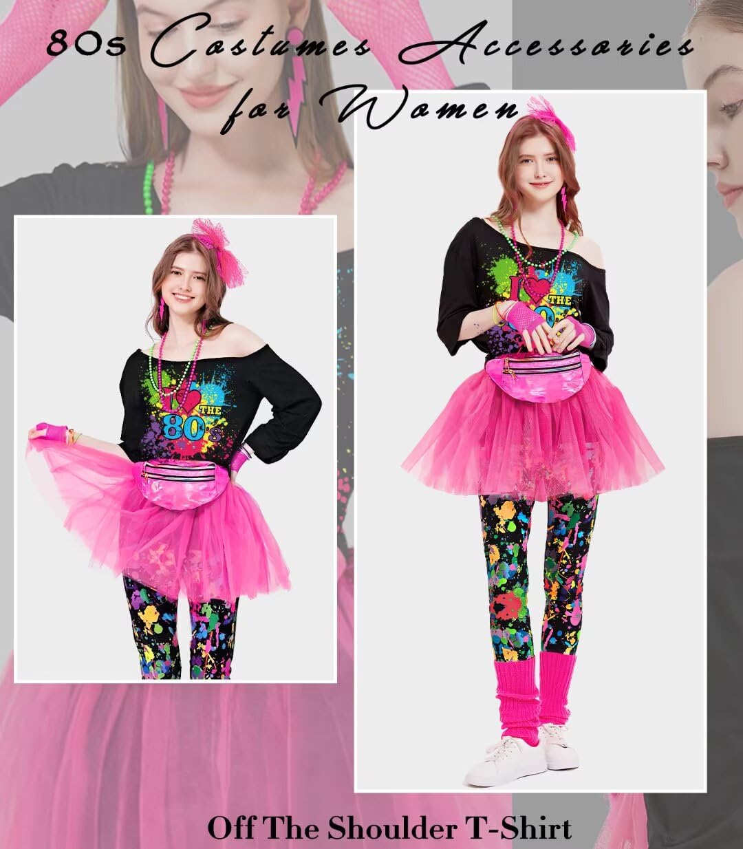 WlLDPARTY 80er-Jahre-Kostüm-Zubehör-Set für Damen, T-Shirt, Leggings, Tutu, Rock, Bauchtasche, Stirnband, Ohrringe, Halskette, Netzhandschuhe, Beinstulpen, 80er-Jahre-Party-Outfits (Leggings, bunt